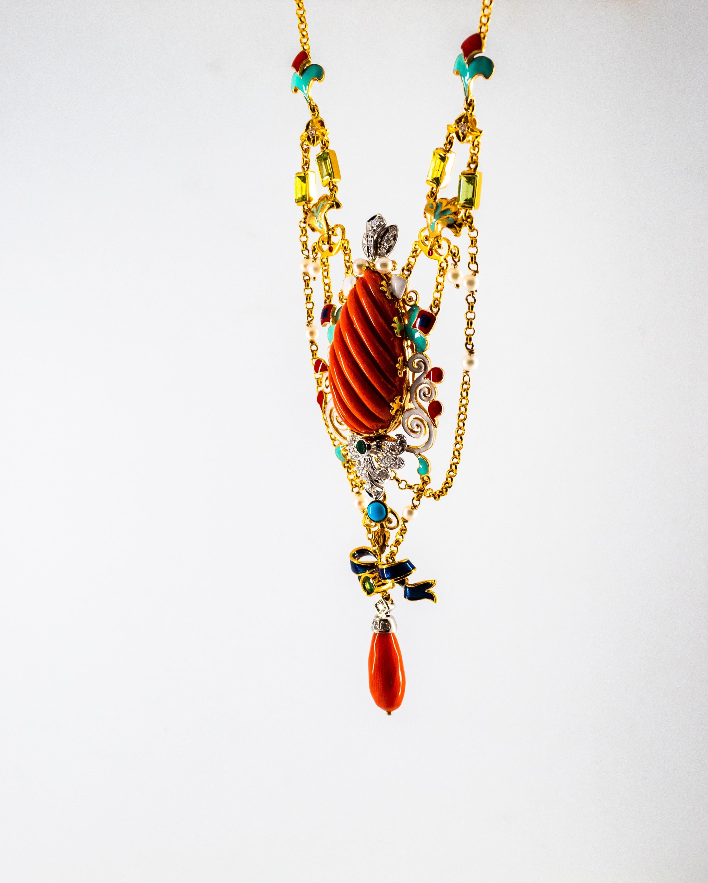 Art Nouveau White Diamond Emerald Turquoise Red Coral Pearl Yellow Gold Necklace 6