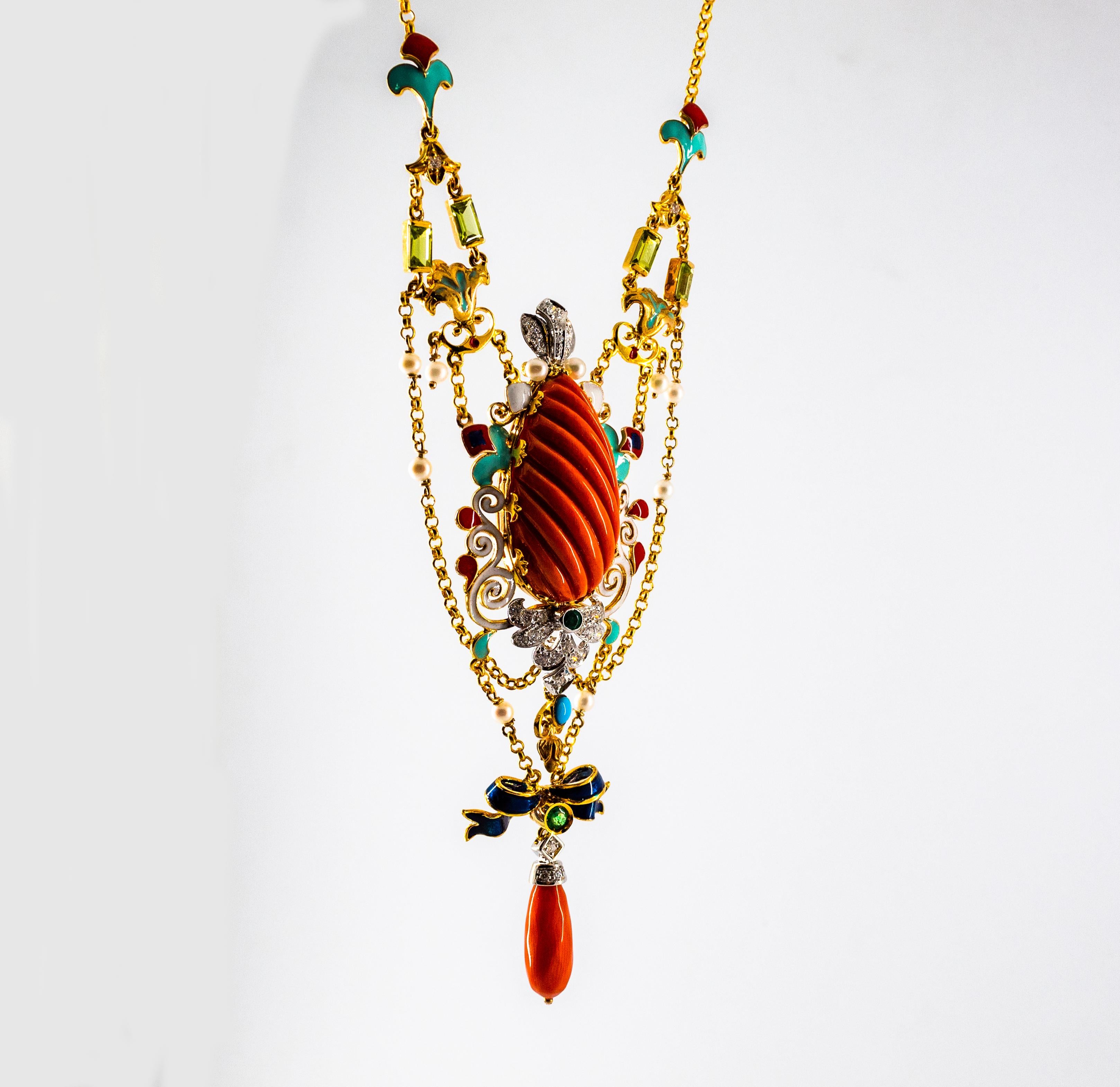 Art Nouveau White Diamond Emerald Turquoise Red Coral Pearl Yellow Gold Necklace 7
