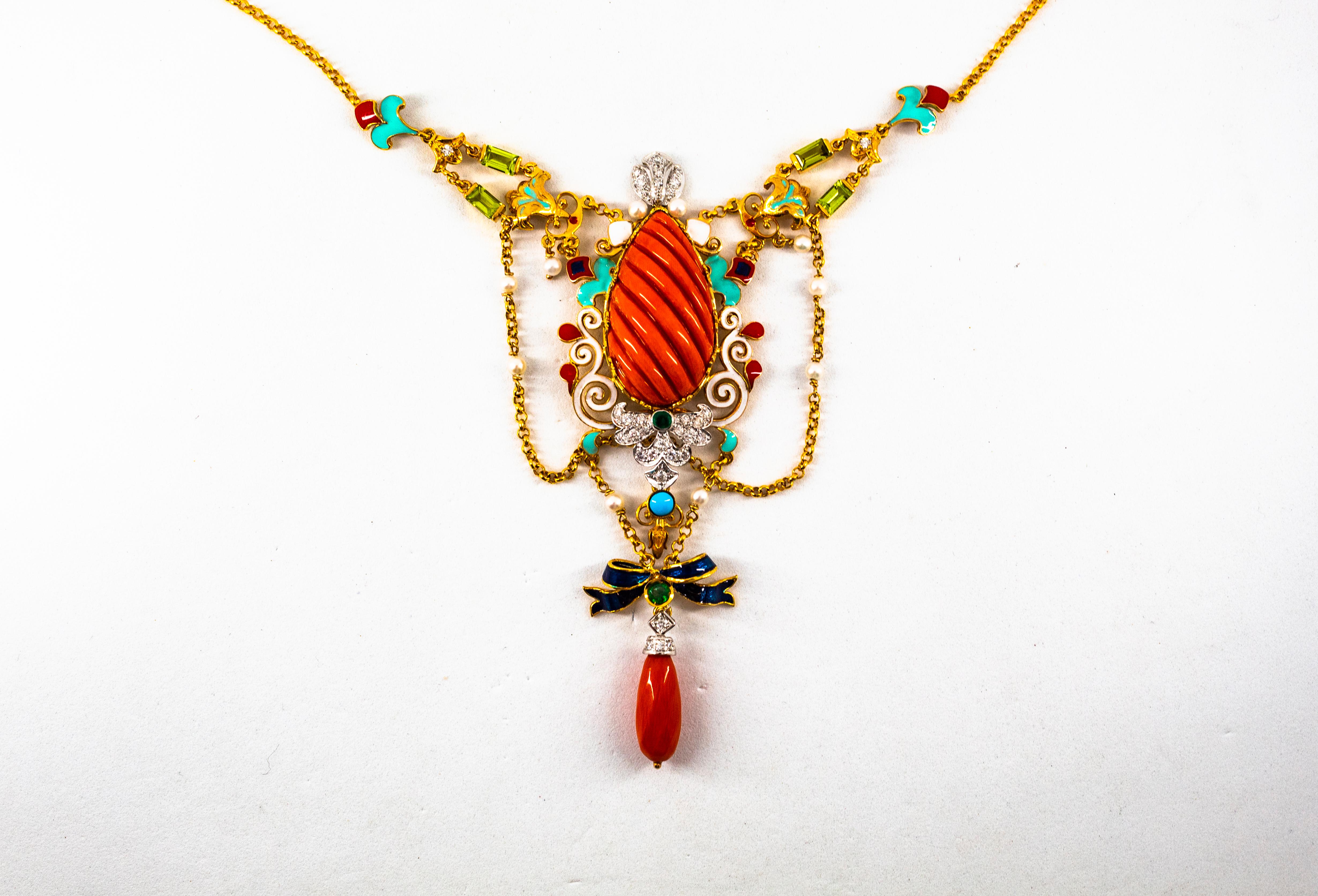 Art Nouveau White Diamond Emerald Turquoise Red Coral Pearl Yellow Gold Necklace 9