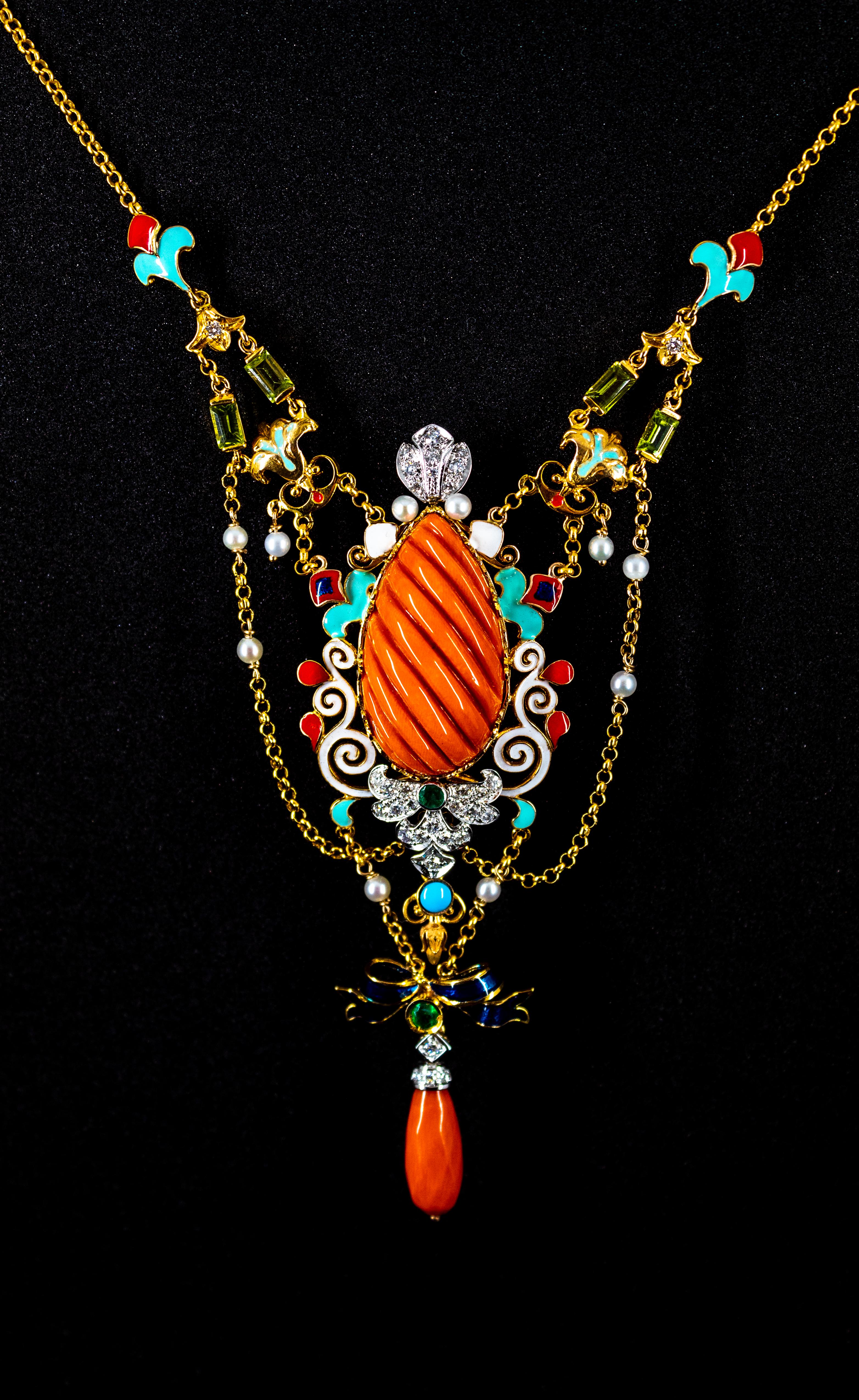 Art Nouveau White Diamond Emerald Turquoise Red Coral Pearl Yellow Gold Necklace 12
