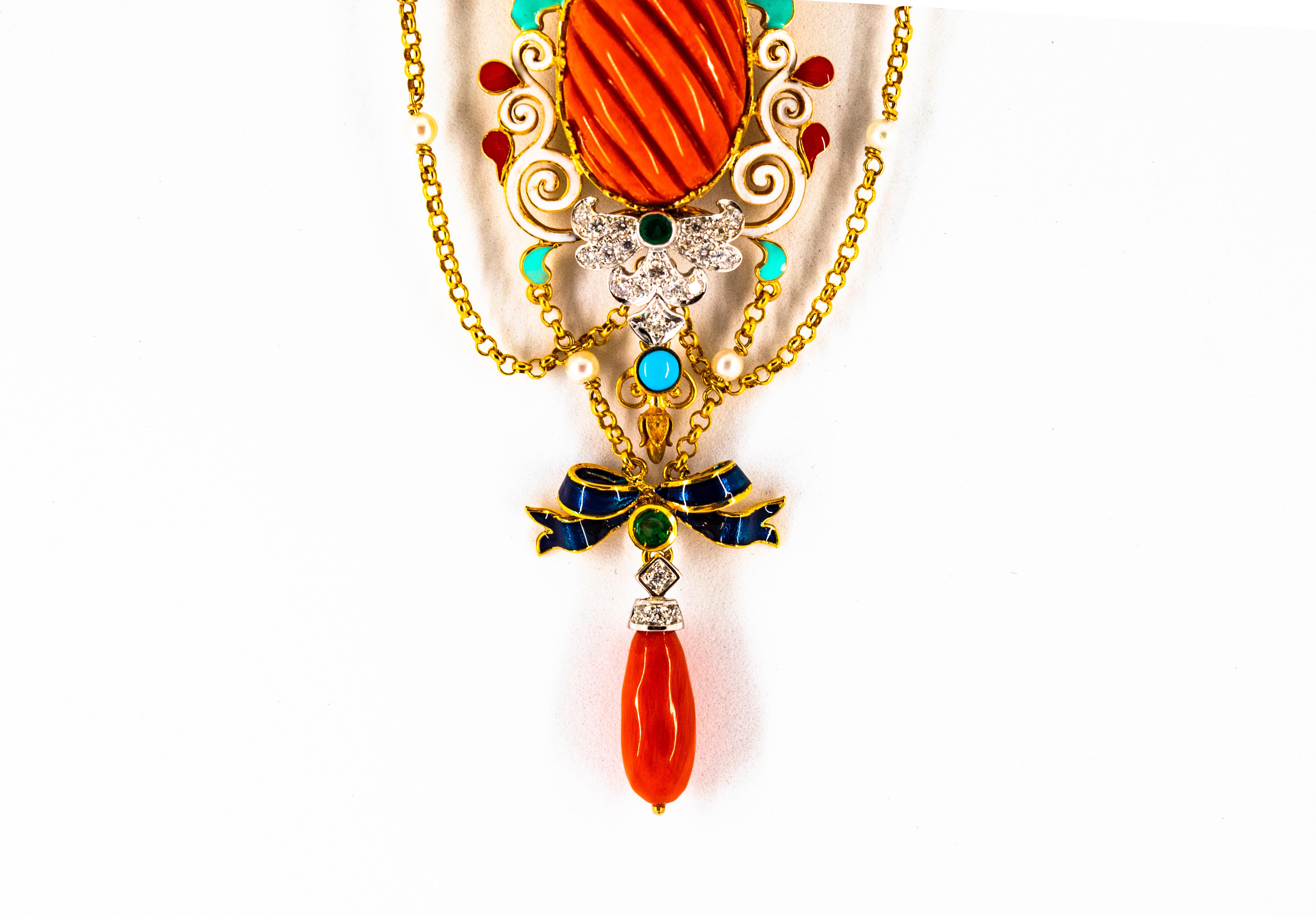 Brilliant Cut Art Nouveau White Diamond Emerald Turquoise Red Coral Pearl Yellow Gold Necklace