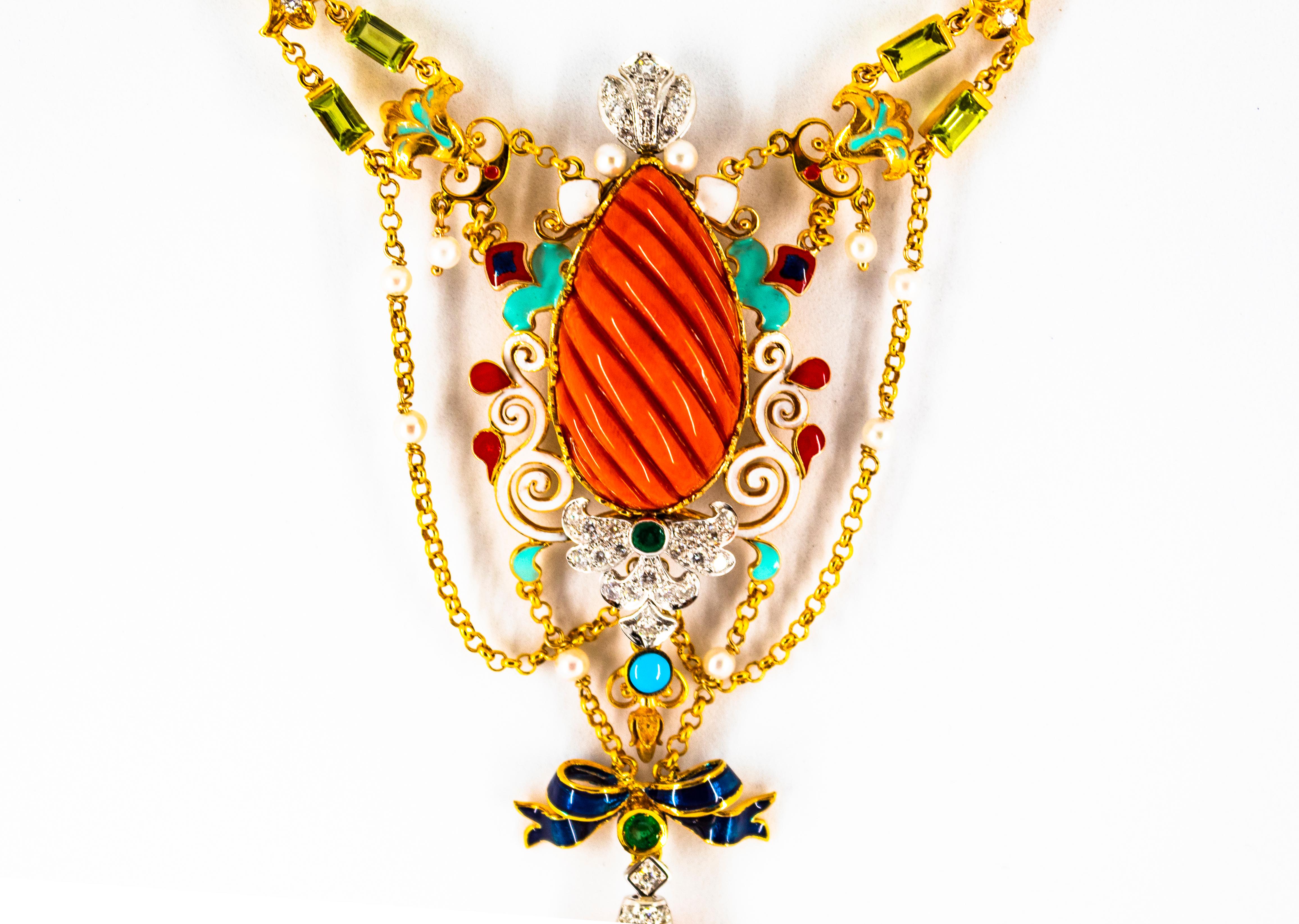 Women's or Men's Art Nouveau White Diamond Emerald Turquoise Red Coral Pearl Yellow Gold Necklace