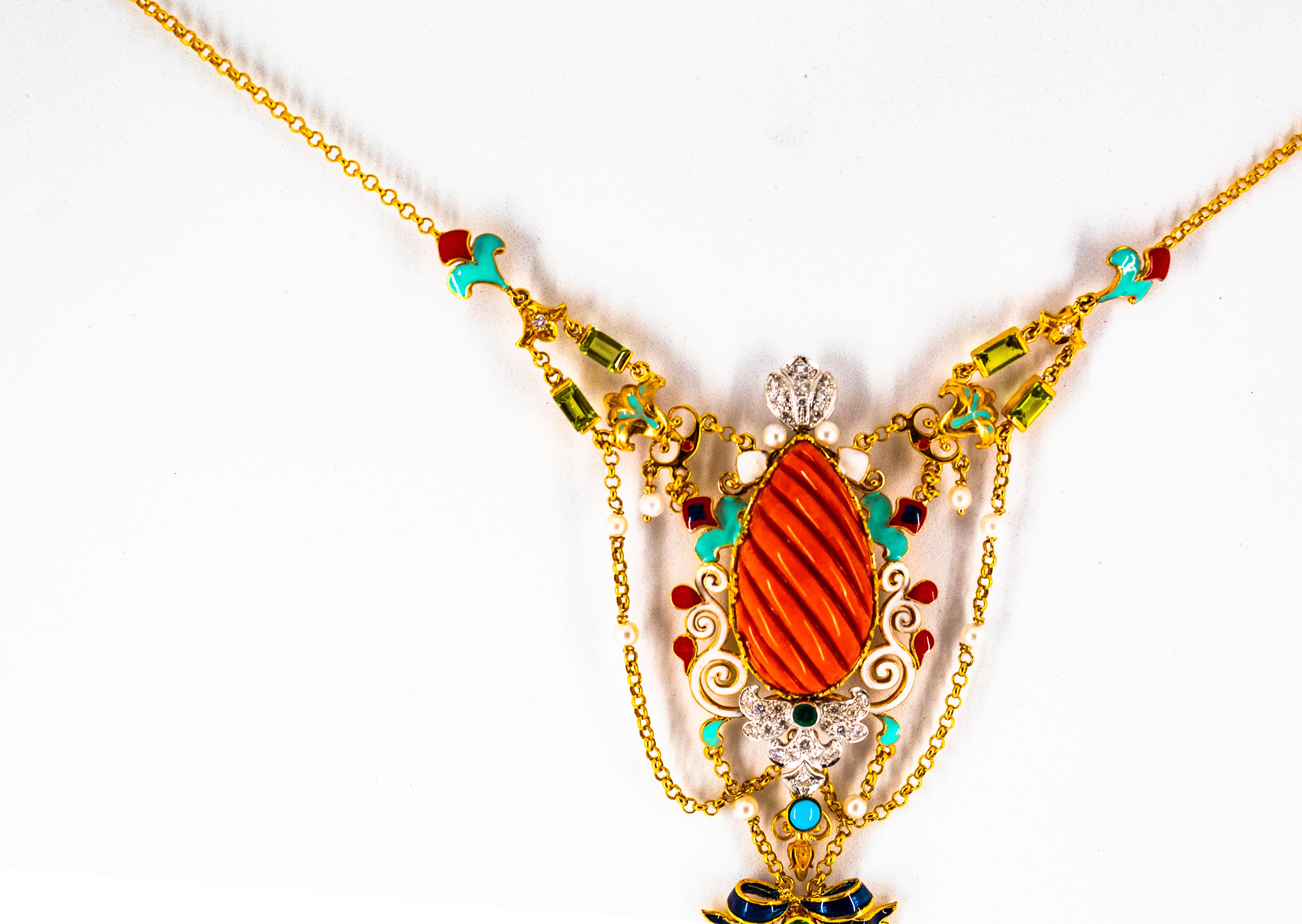 Art Nouveau White Diamond Emerald Turquoise Red Coral Pearl Yellow Gold Necklace 1