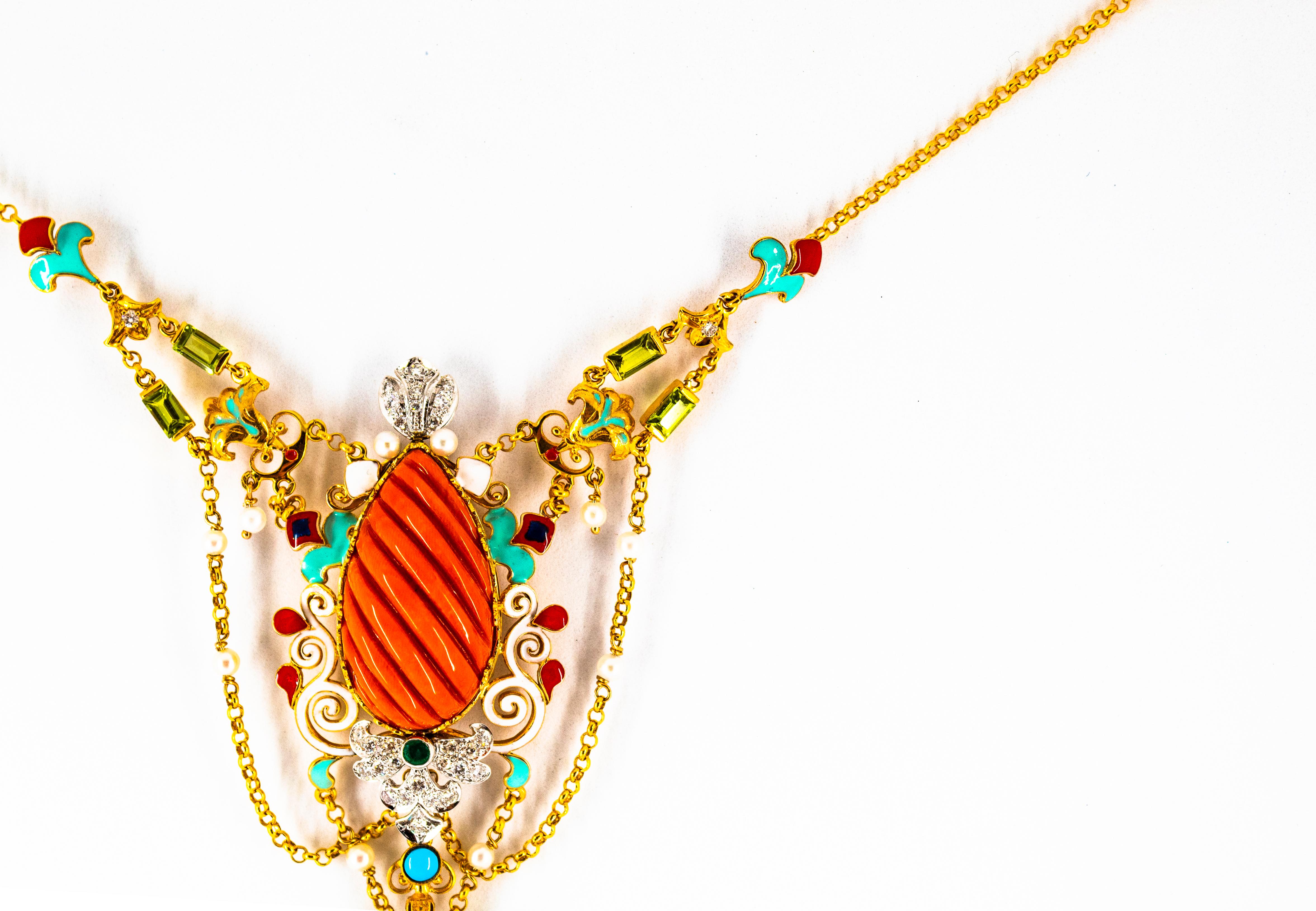 Art Nouveau White Diamond Emerald Turquoise Red Coral Pearl Yellow Gold Necklace 1