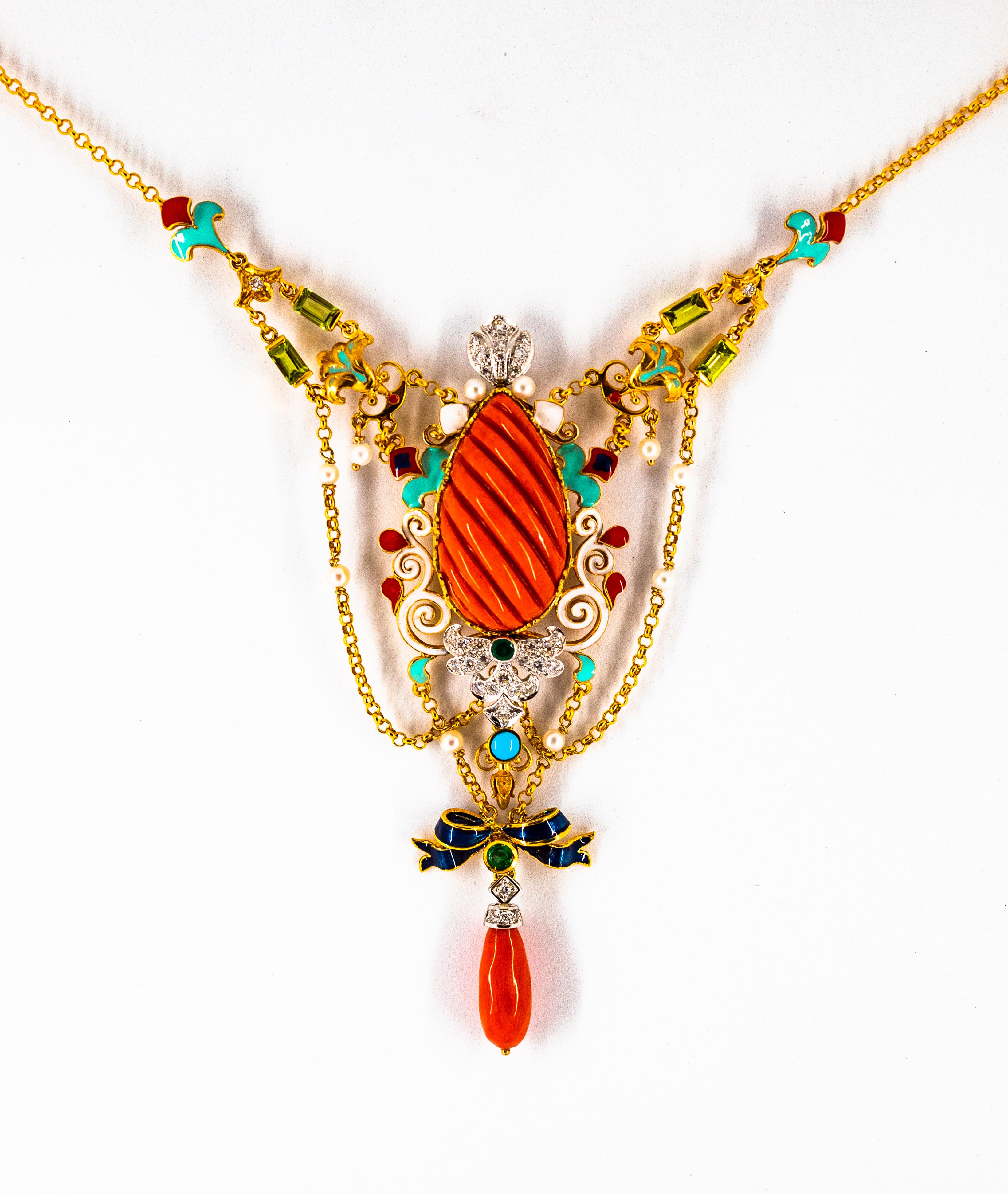Art Nouveau White Diamond Emerald Turquoise Red Coral Pearl Yellow Gold Necklace 2