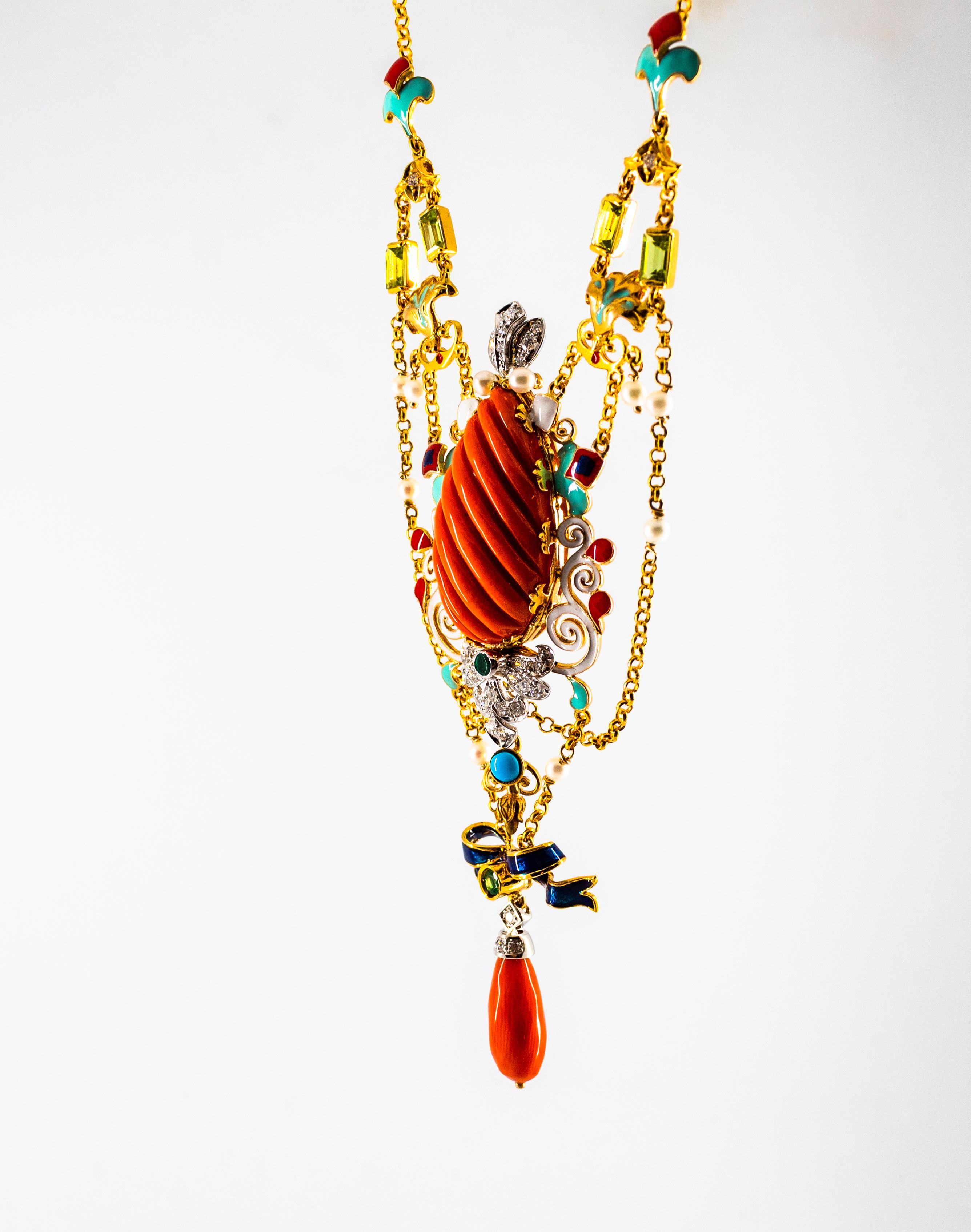 Art Nouveau White Diamond Emerald Turquoise Red Coral Pearl Yellow Gold Necklace 4