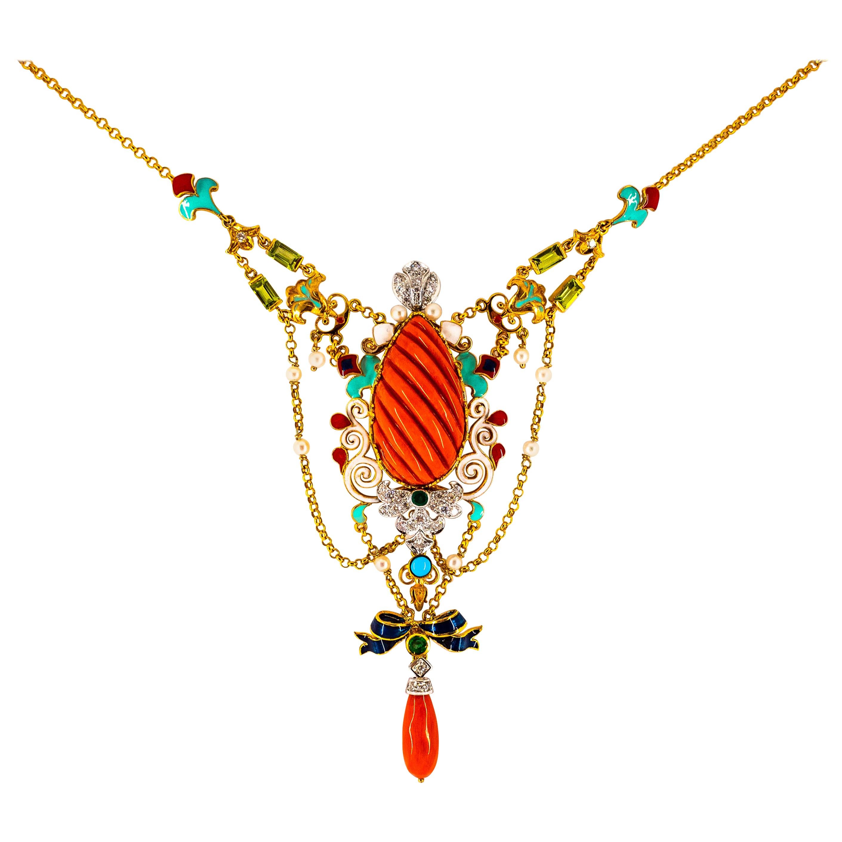 Art Nouveau Diamante Blanco Esmeralda Turquesa Coral Rojo Perla Collar de Oro Amarillo