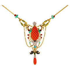 Art Nouveau White Diamond Emerald Turquoise Red Coral Pearl Yellow Gold Necklace
