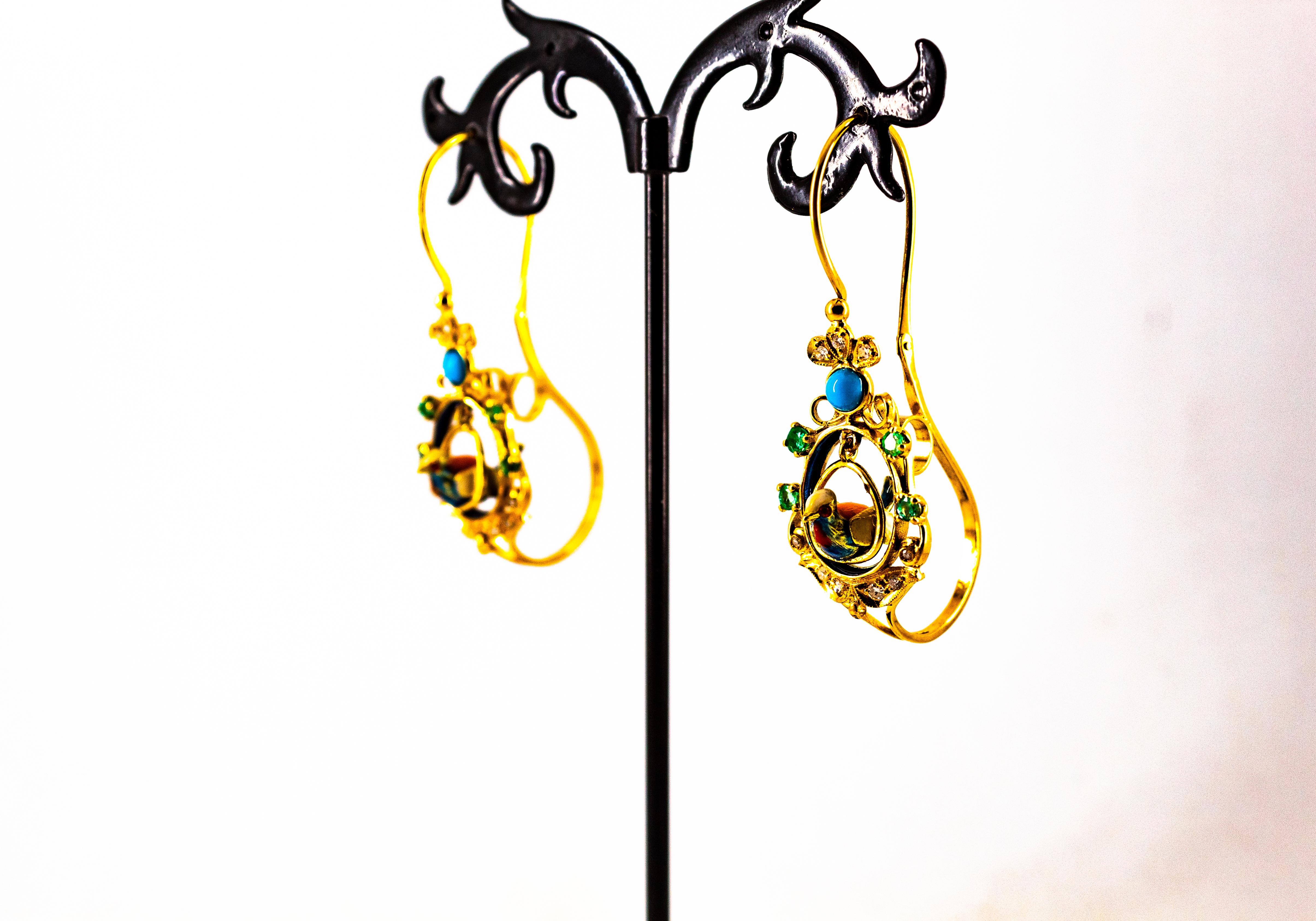 Art Nouveau Style White Diamond Emerald Turquoise Yellow Gold Drop Earrings 9