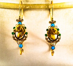 Art Nouveau White Diamond Emerald Turquoise Yellow Gold Drop "Horses" Earrings