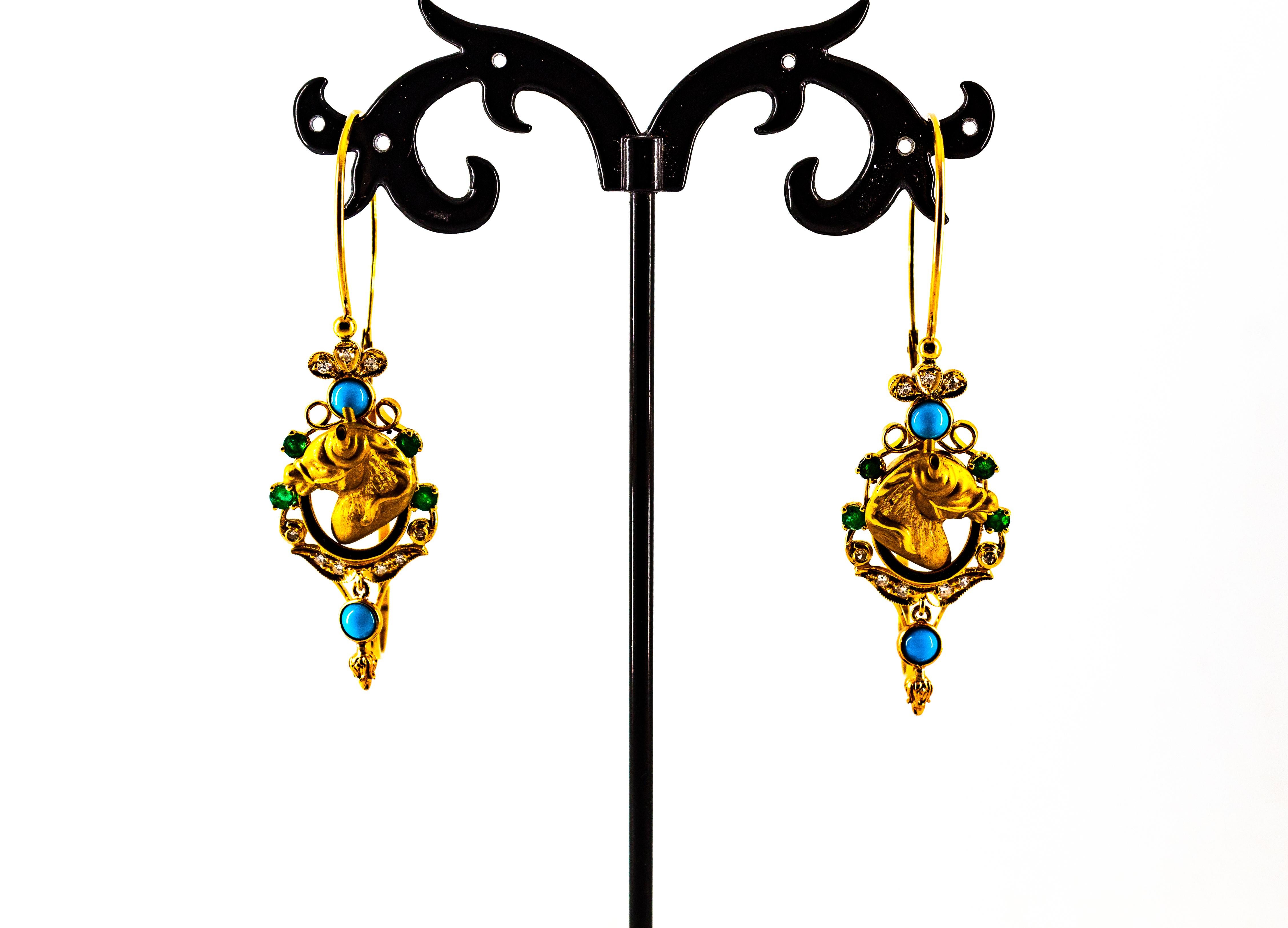 Boucles d'oreilles Art Nouveau « Horses » en or jaune avec diamants blancs, émeraudes et turquoises en vente 1