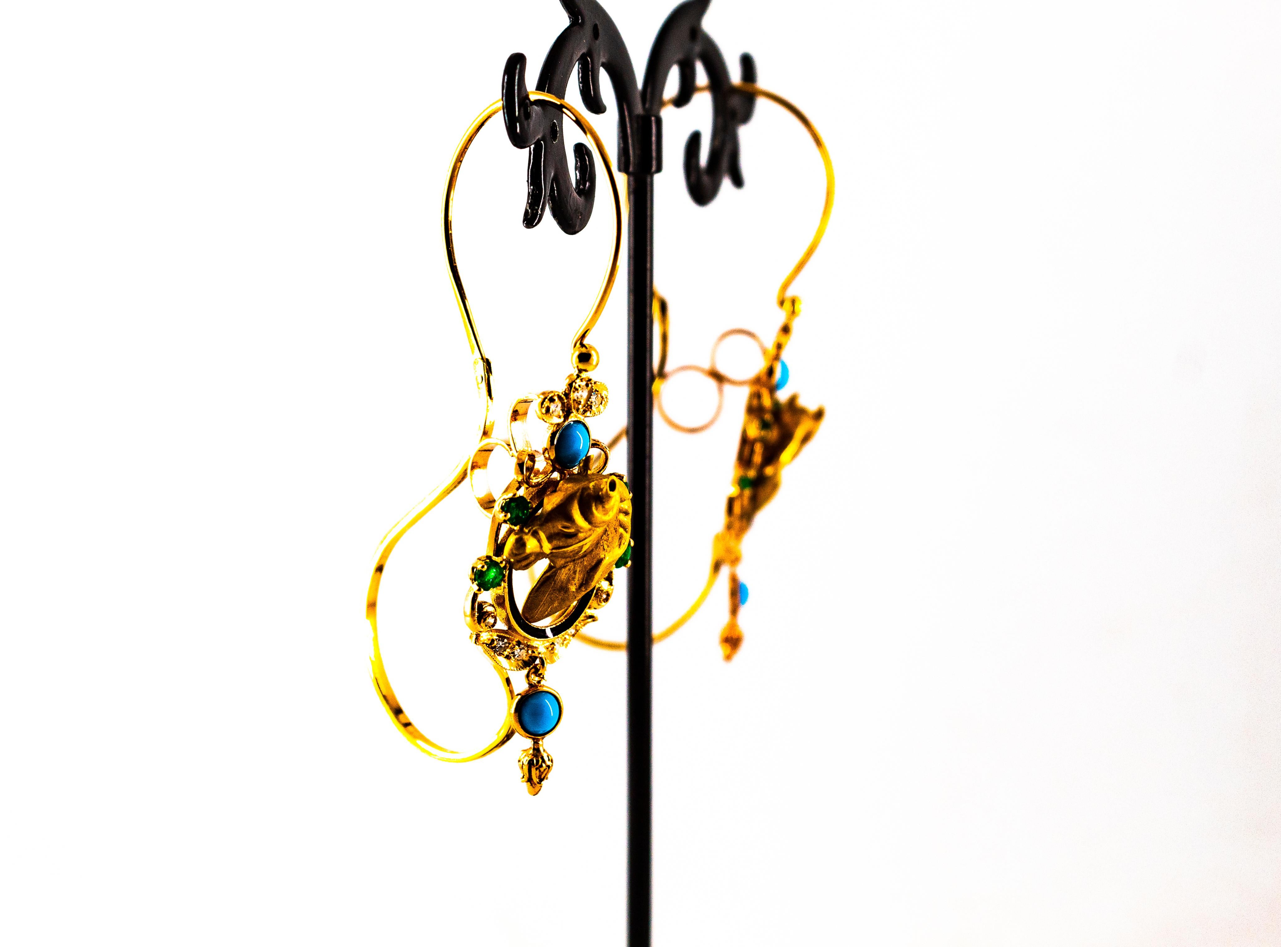 Boucles d'oreilles Art Nouveau « Horses » en or jaune avec diamants blancs, émeraudes et turquoises en vente 2