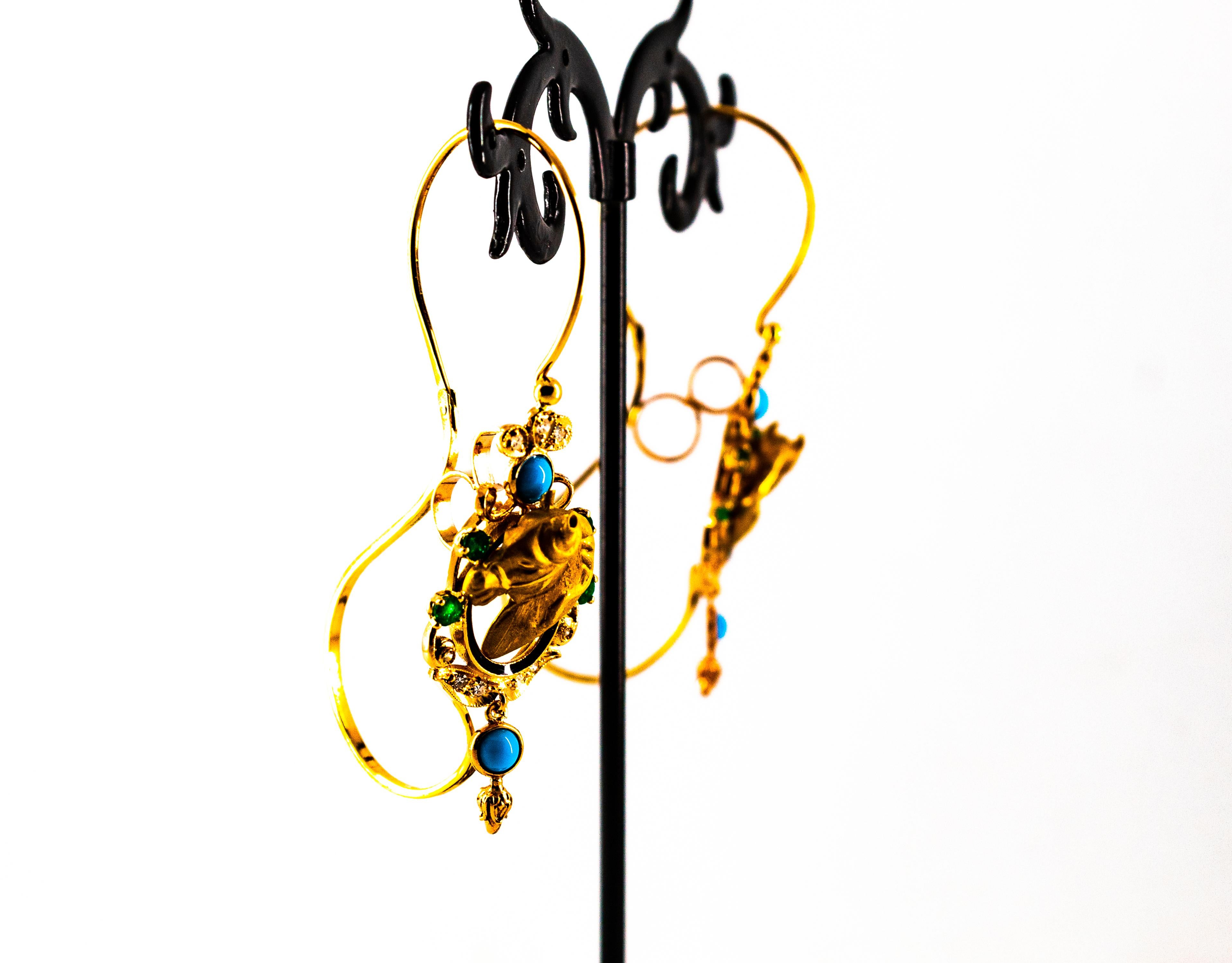 Boucles d'oreilles Art Nouveau « Horses » en or jaune avec diamants blancs, émeraudes et turquoises en vente 3