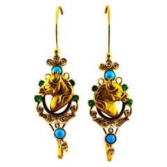 Art Nouveau Pendientes "Caballos" Esmeralda Diamante Blanco Turquesa Oro Amarillo