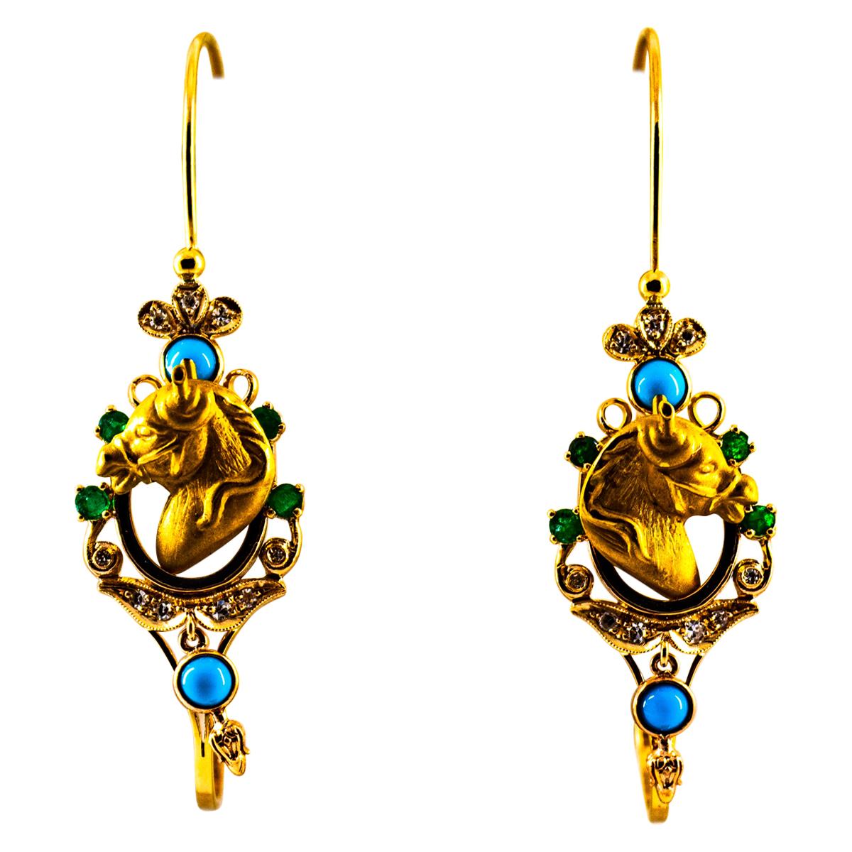 Art Nouveau White Diamond Emerald Turquoise Yellow Gold Drop "Horses" Earrings