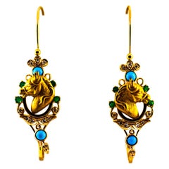 Art Nouveau White Diamond Emerald Turquoise Yellow Gold Drop "Horses" Earrings