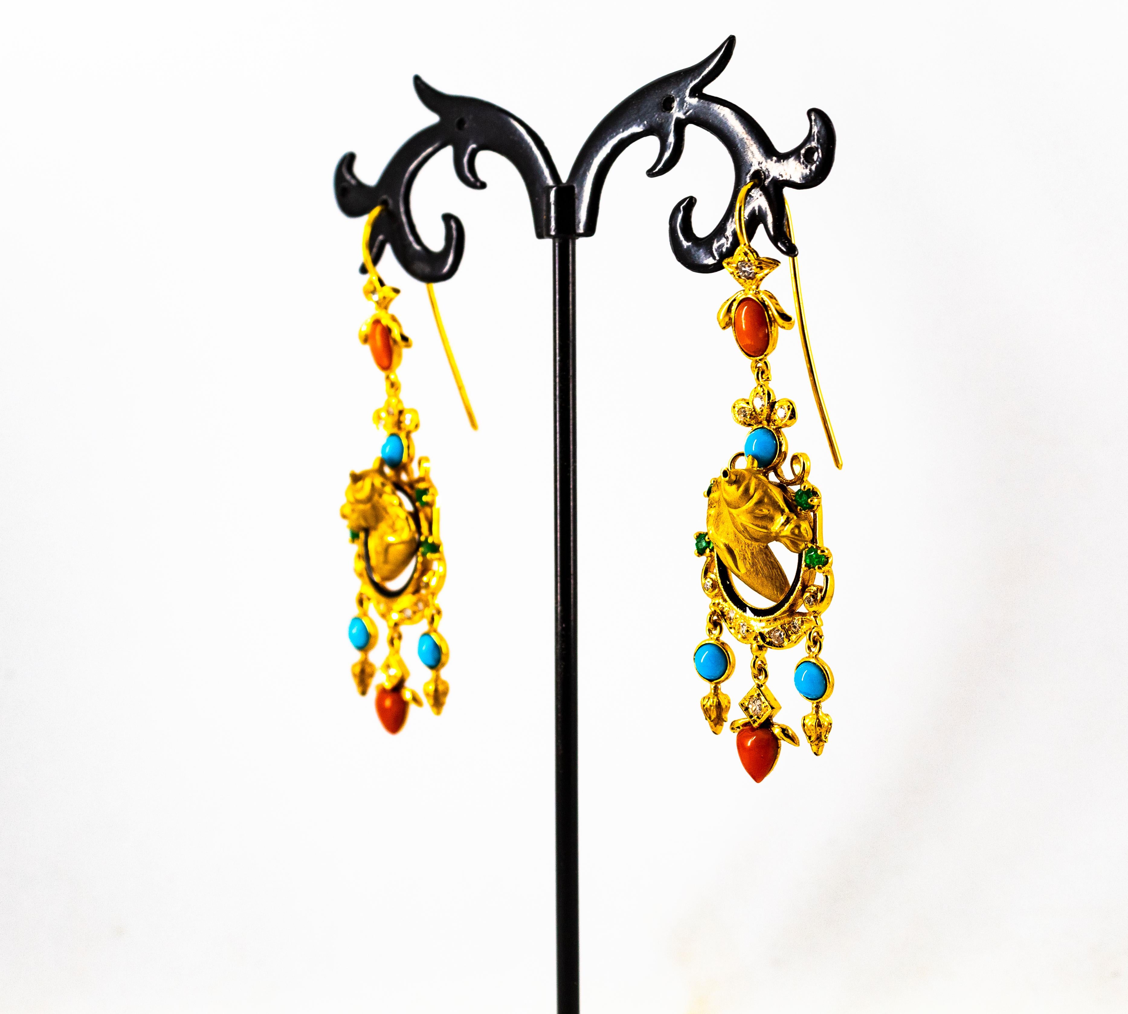 Art Nouveau White Diamond Emerald Turquoise Yellow Gold Horse Drop Earrings For Sale 5