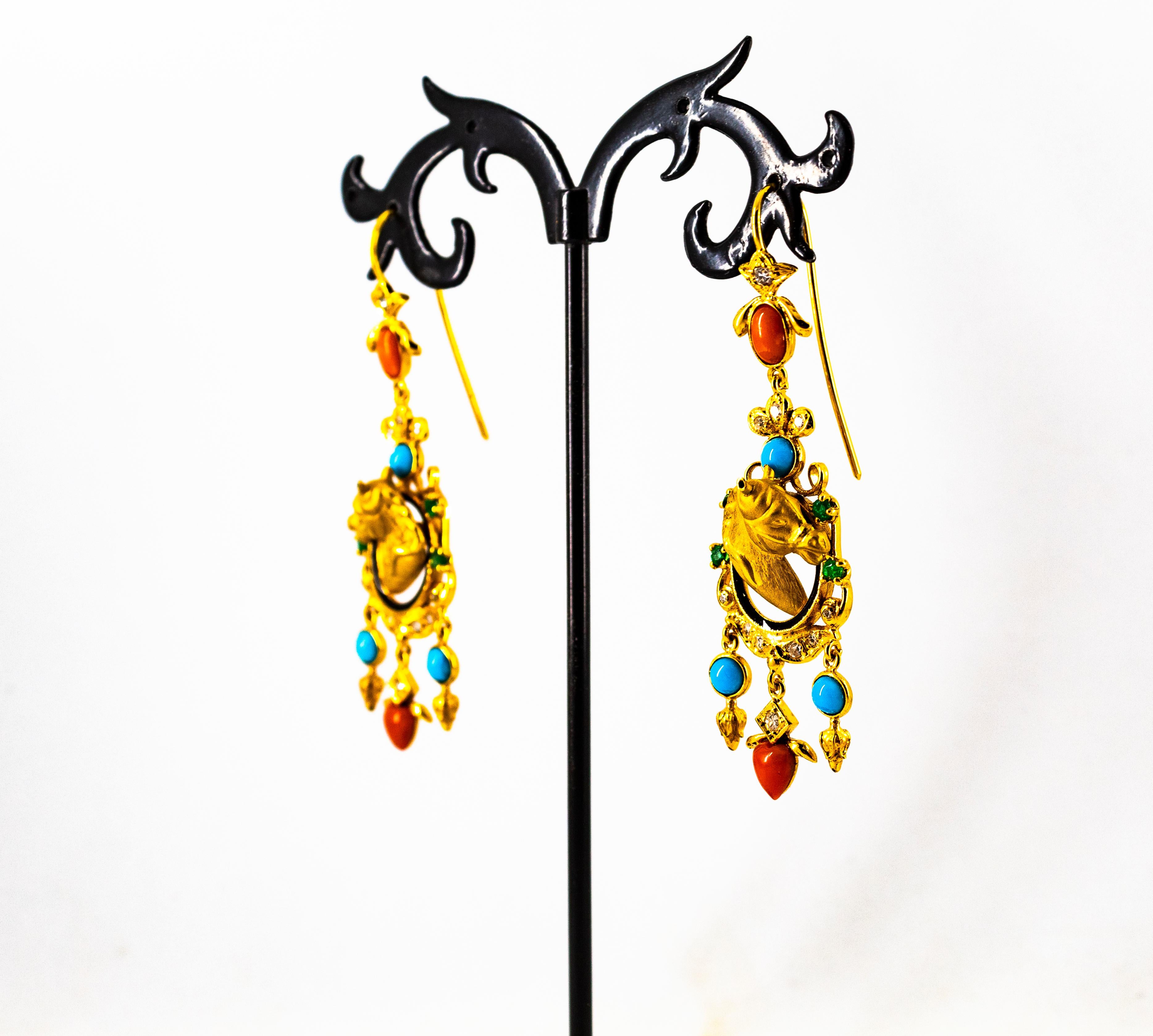 Jugendstil Weiß Diamant Smaragd Türkis Gelbgold Pferd Ohrringe Tropfen im Angebot 4