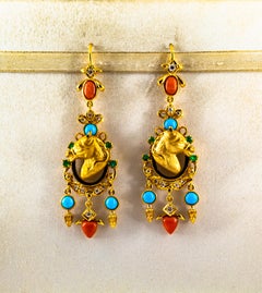 Art Nouveau White Diamond Emerald Turquoise Yellow Gold Horse Drop Earrings