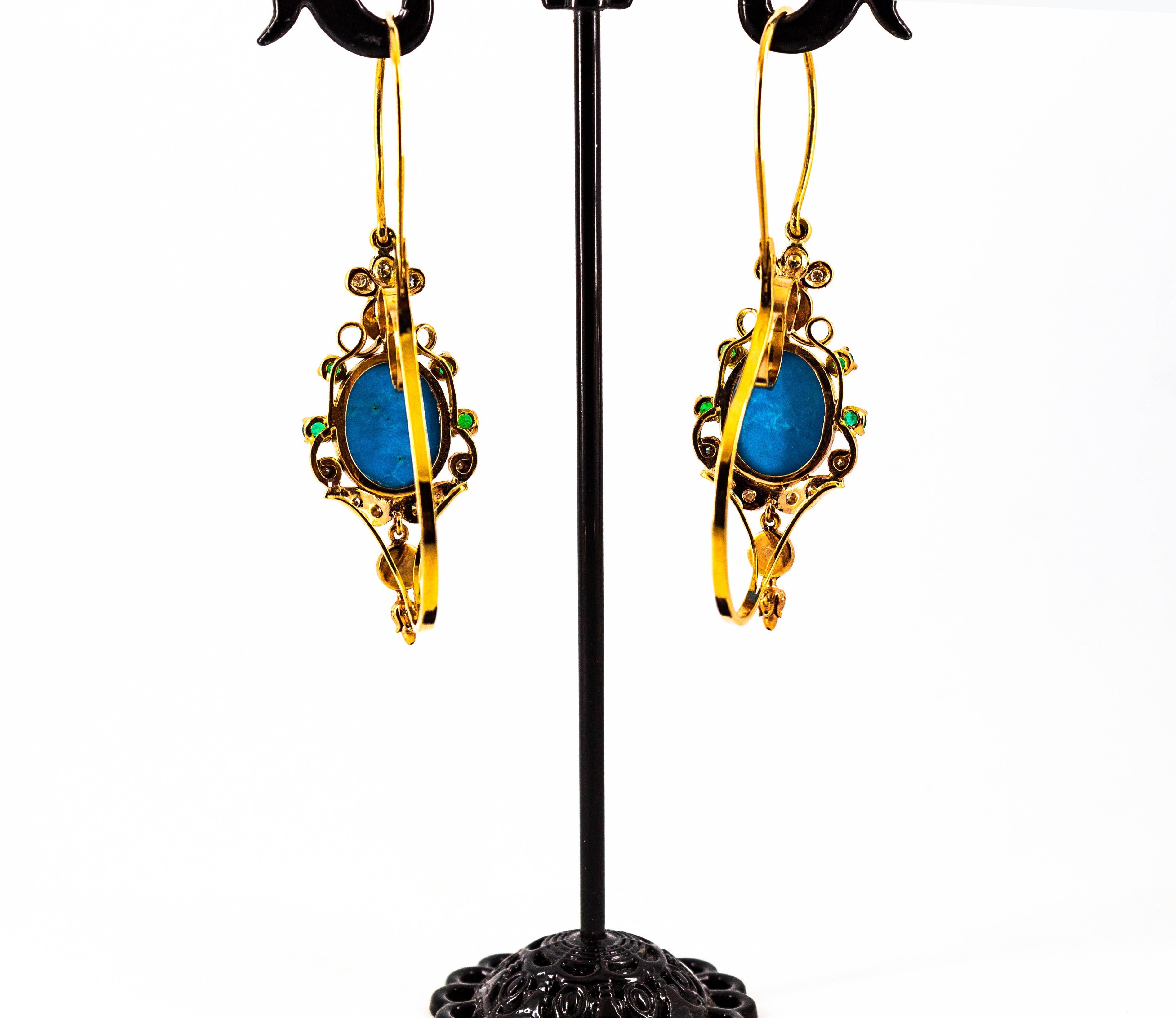 Art Nouveau White Diamond Emerald Turquoise Yellow Gold Lever-Back Earrings For Sale 7