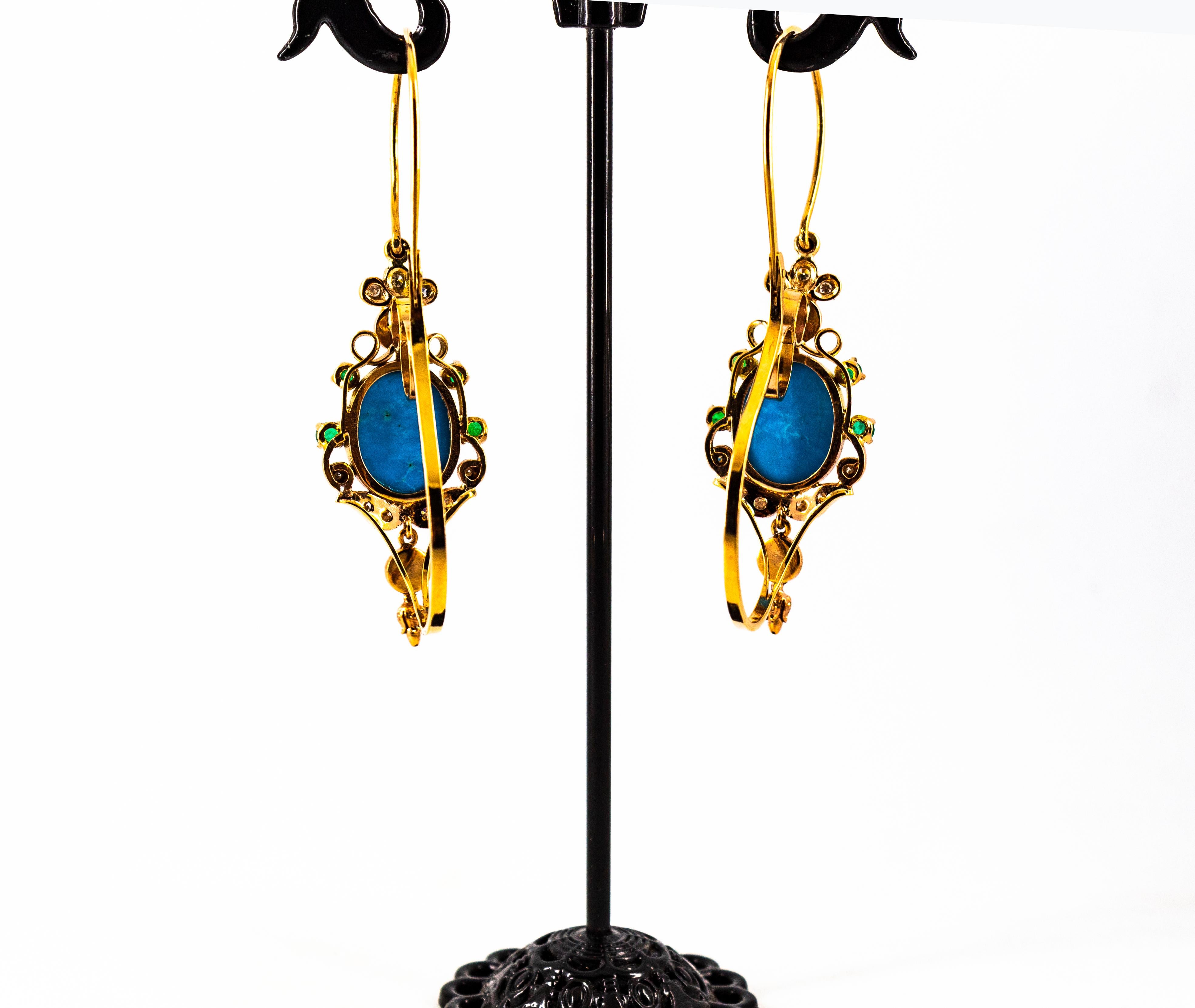 Art Nouveau White Diamond Emerald Turquoise Yellow Gold Lever-Back Earrings For Sale 8