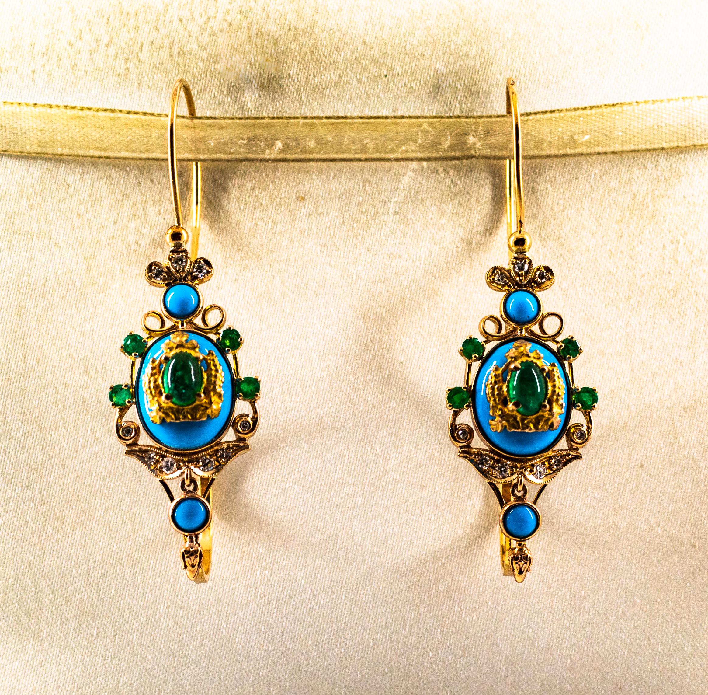 Cabochon Art Nouveau White Diamond Emerald Turquoise Yellow Gold Lever-Back Earrings