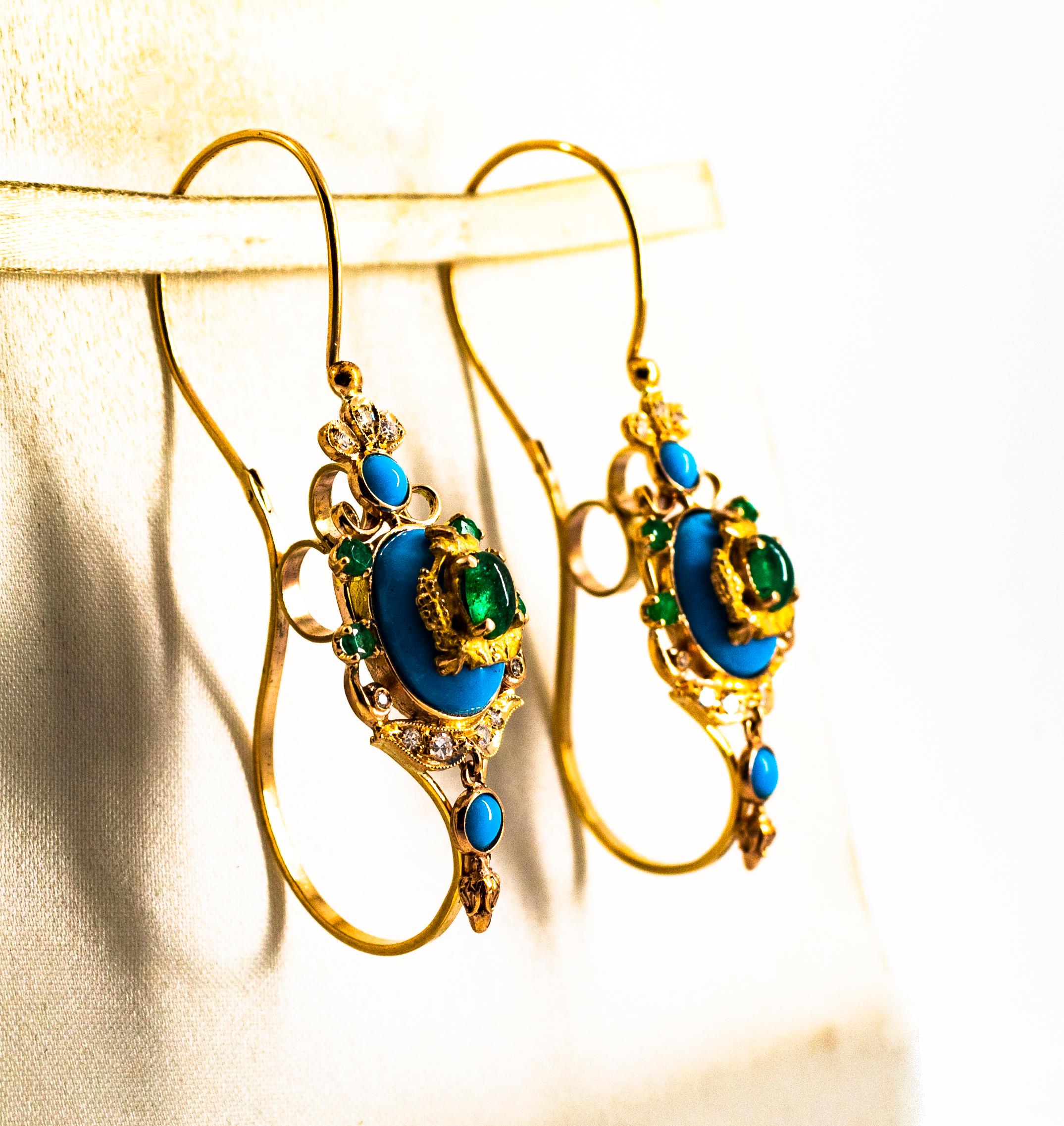Art Nouveau White Diamond Emerald Turquoise Yellow Gold Lever-Back Earrings In New Condition In Naples, IT