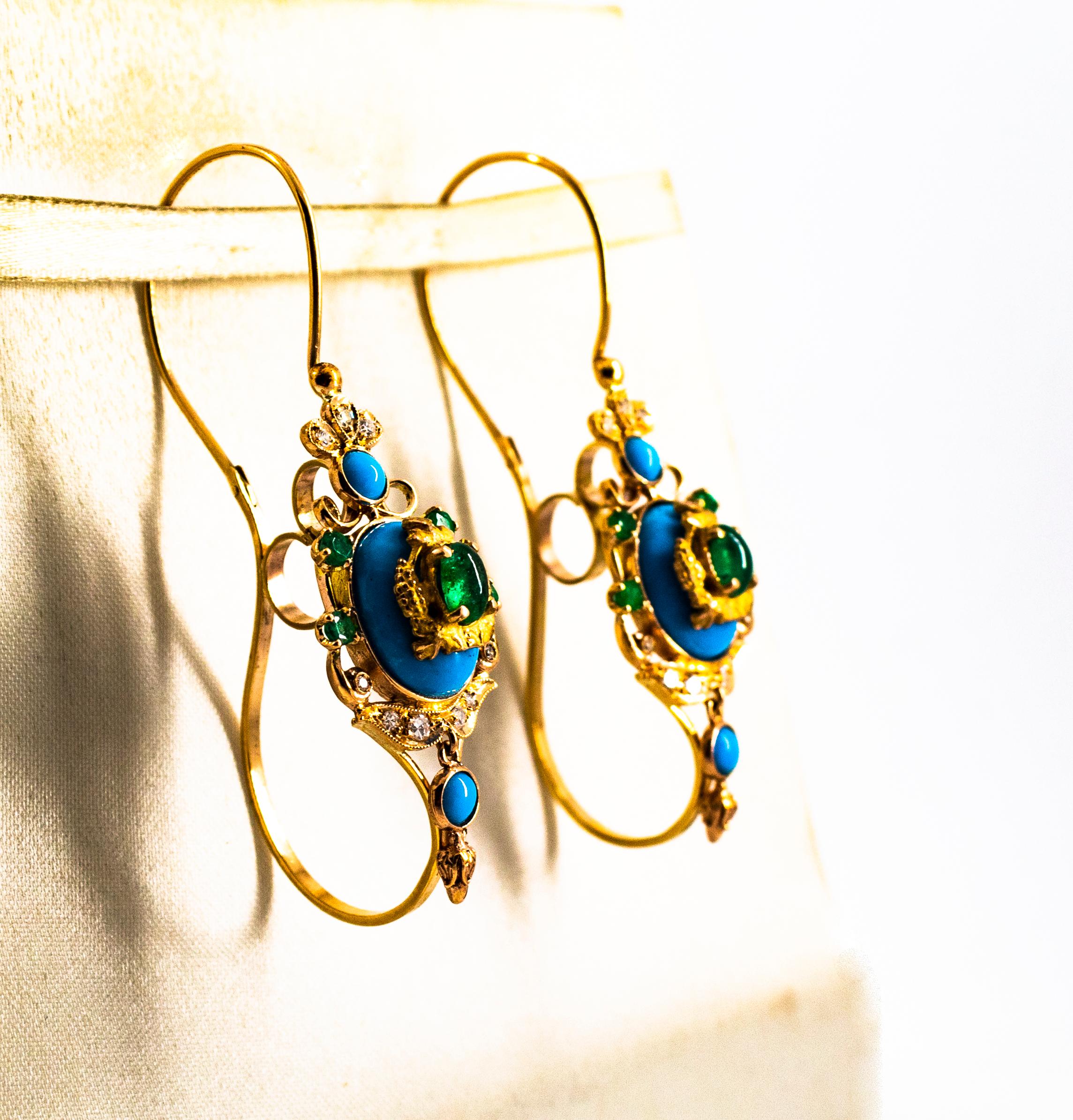 Women's or Men's Art Nouveau White Diamond Emerald Turquoise Yellow Gold Lever-Back Earrings