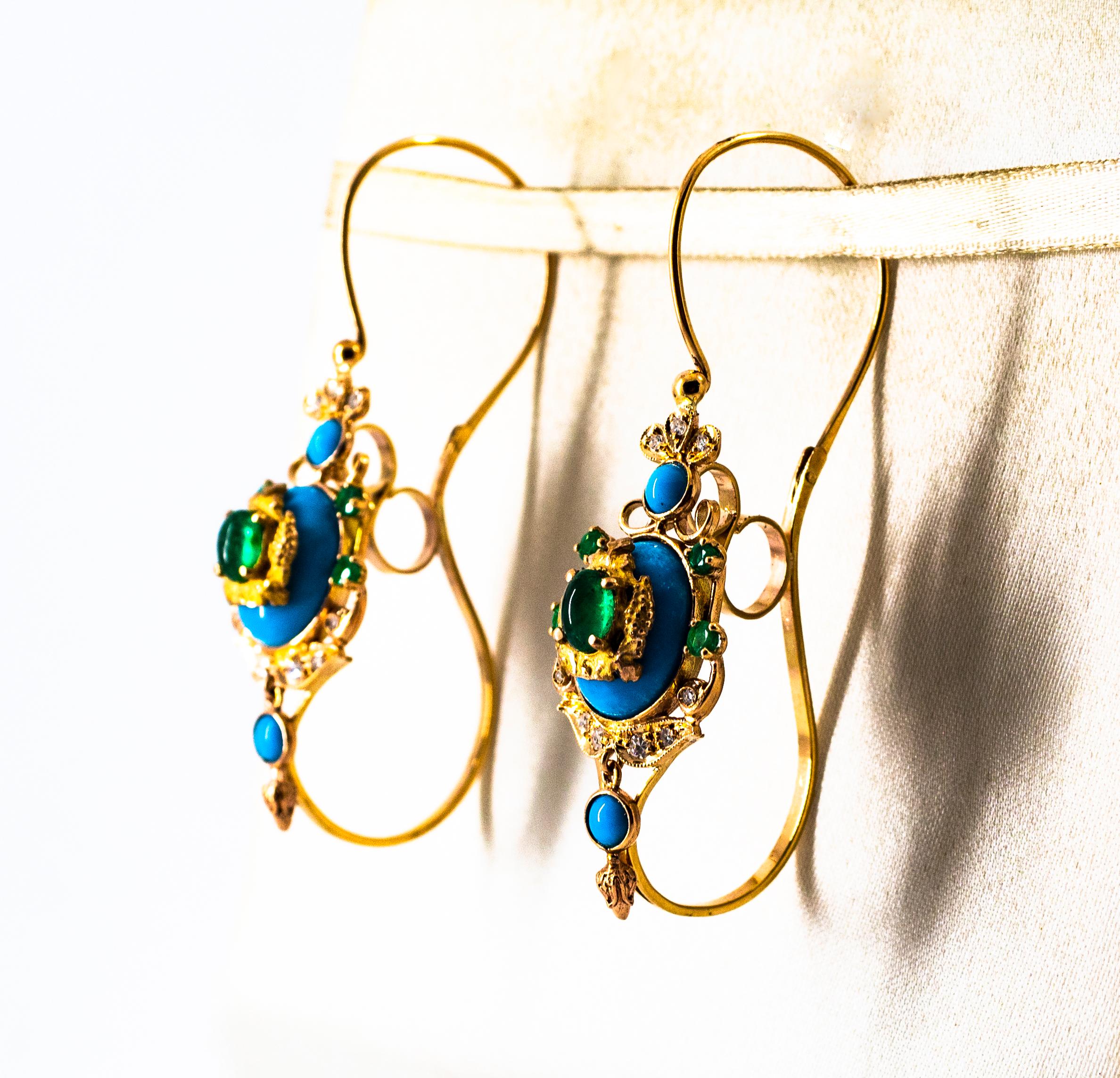Art Nouveau White Diamond Emerald Turquoise Yellow Gold Lever-Back Earrings For Sale 1