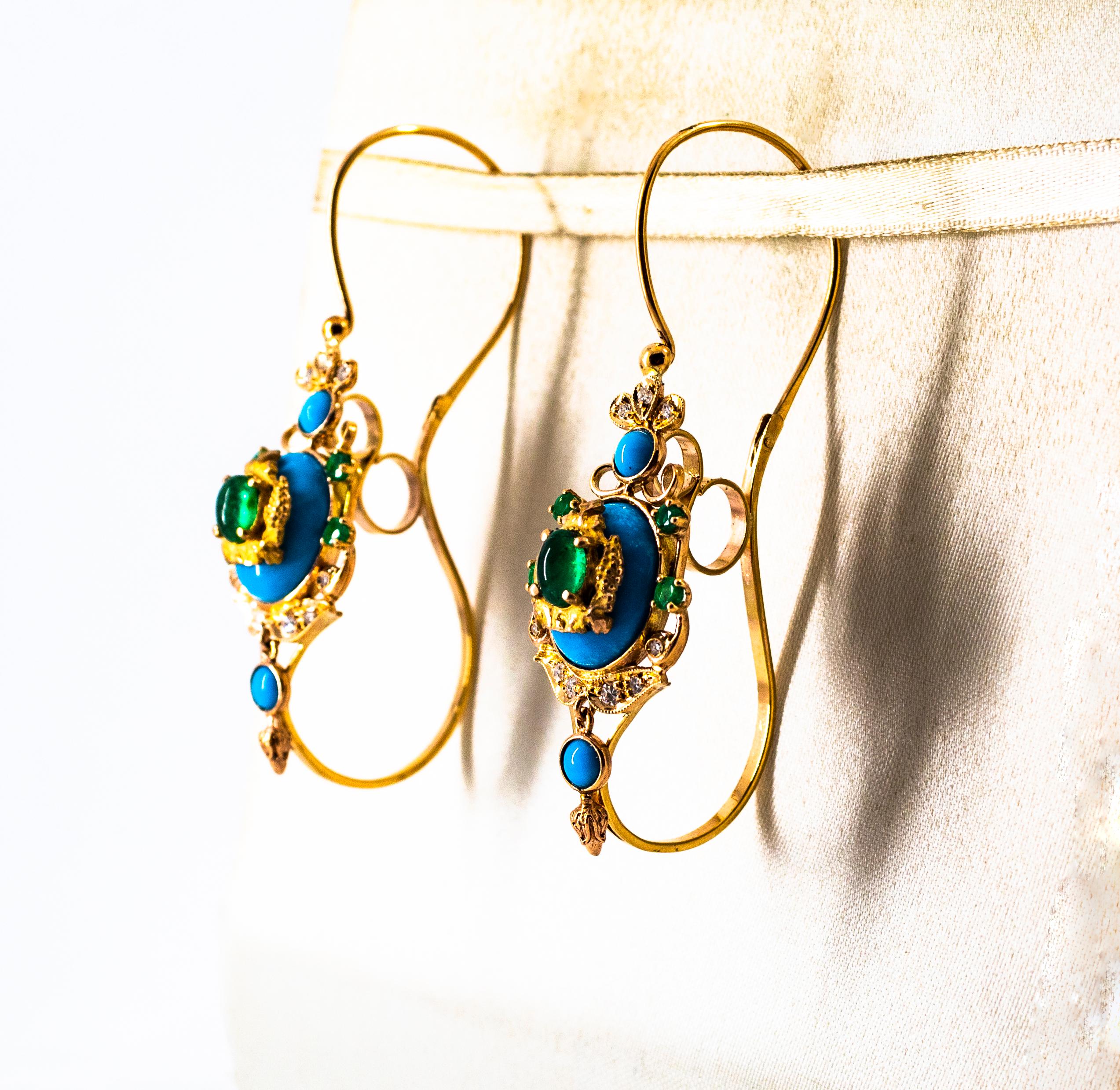 Art Nouveau White Diamond Emerald Turquoise Yellow Gold Lever-Back Earrings For Sale 2