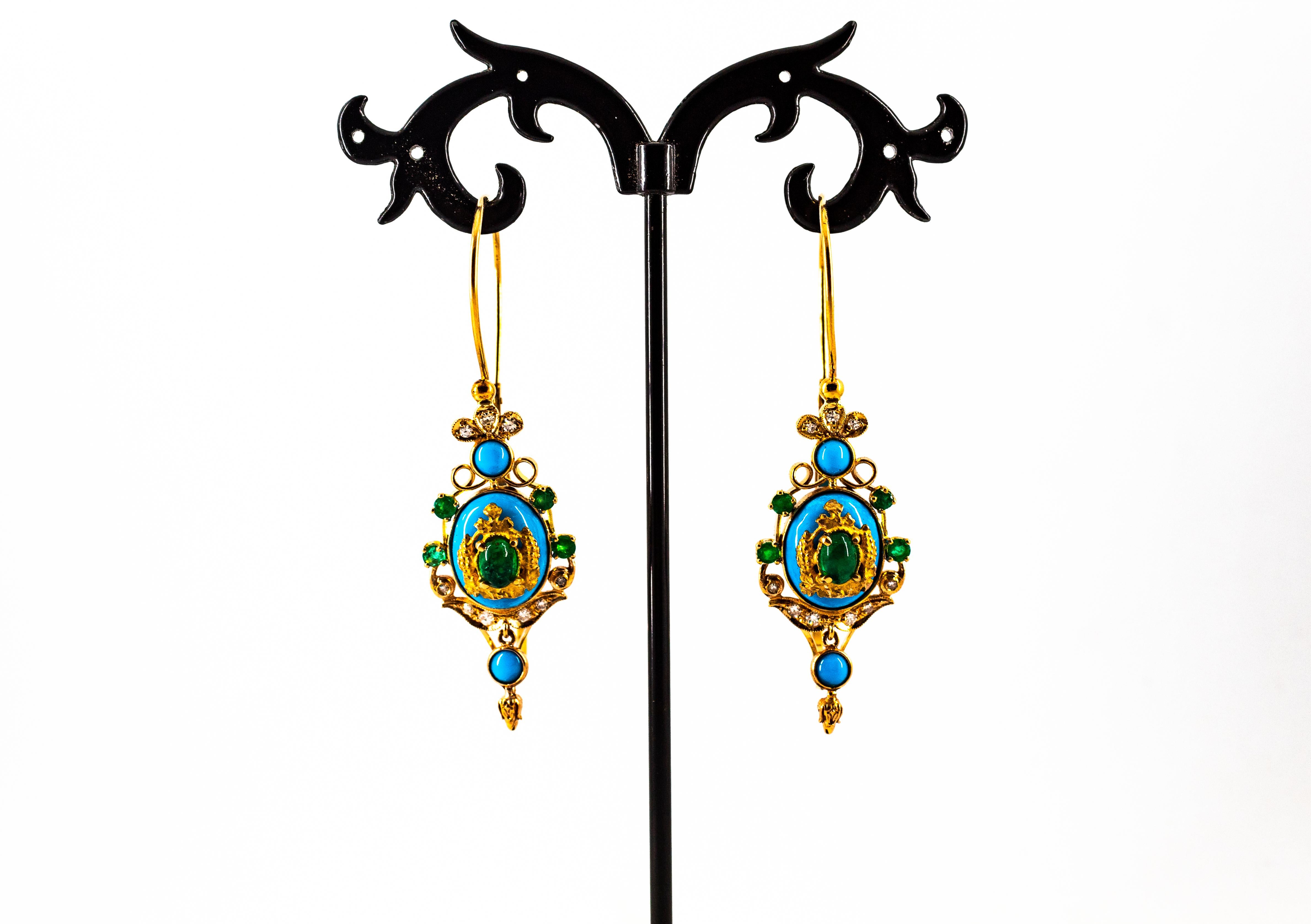Art Nouveau White Diamond Emerald Turquoise Yellow Gold Lever-Back Earrings For Sale 3