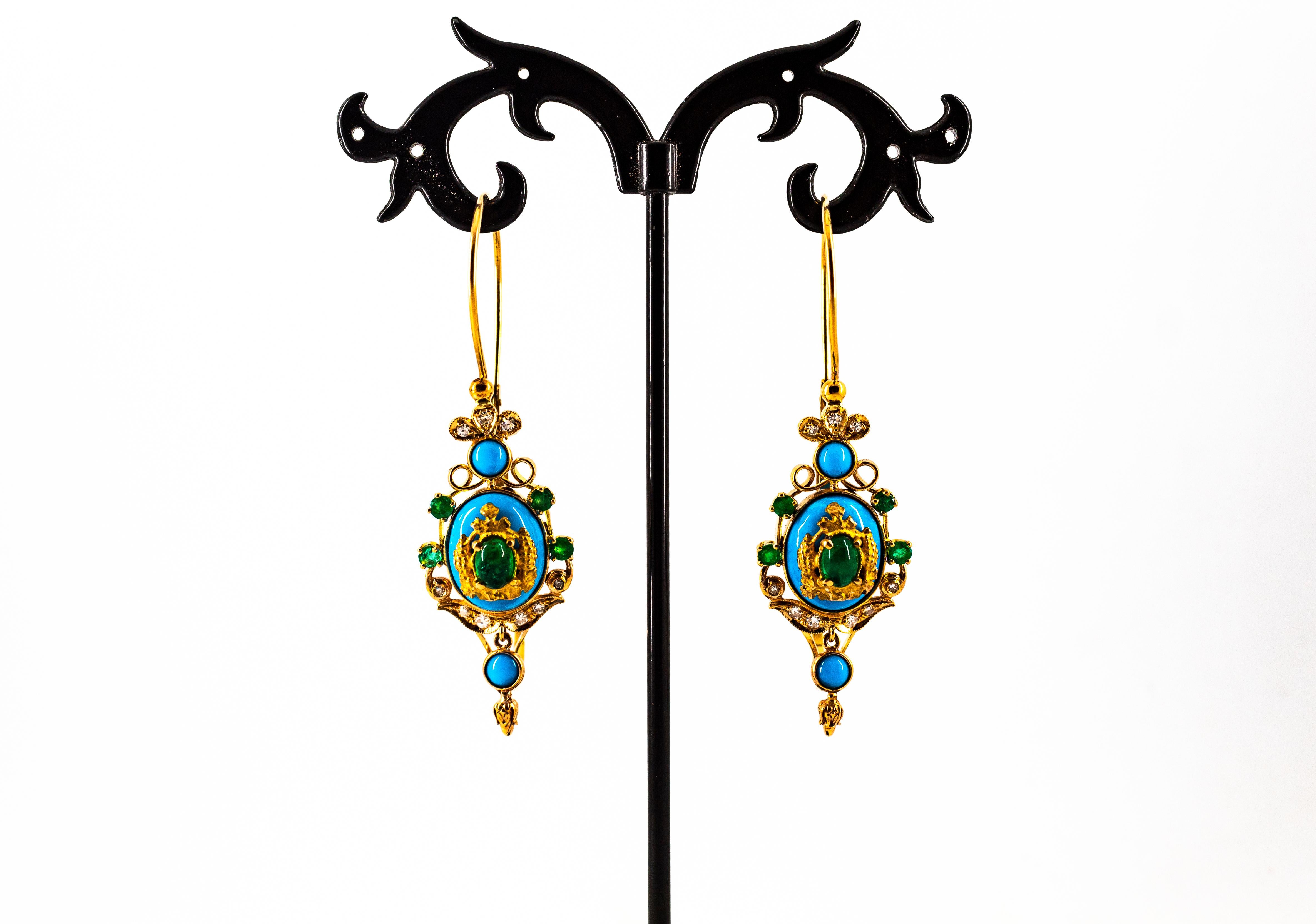 Art Nouveau White Diamond Emerald Turquoise Yellow Gold Lever-Back Earrings For Sale 4
