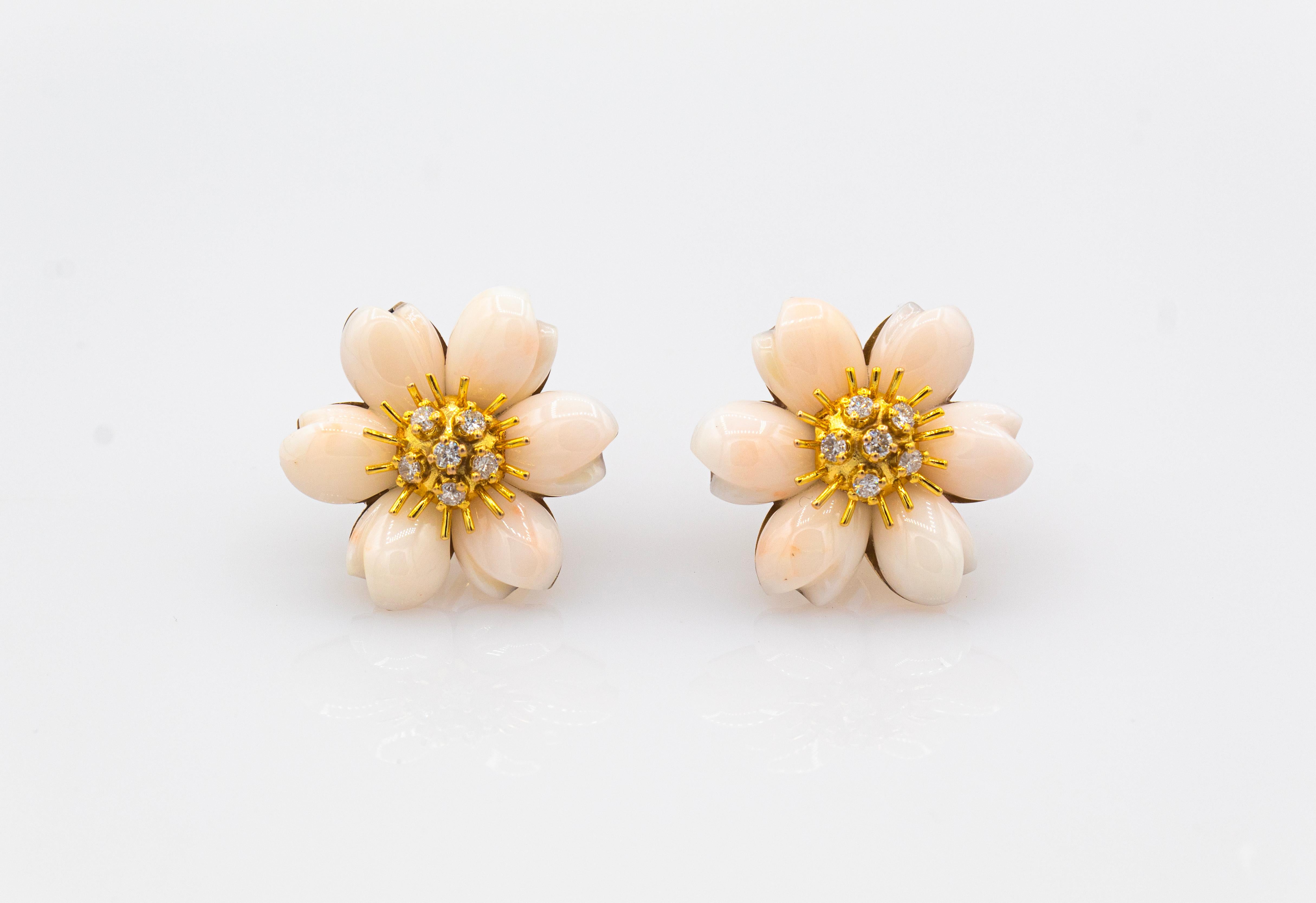 Art Nouveau White Diamond Light Pink Coral Yellow Gold Flowers Clip-On Earrings For Sale 5