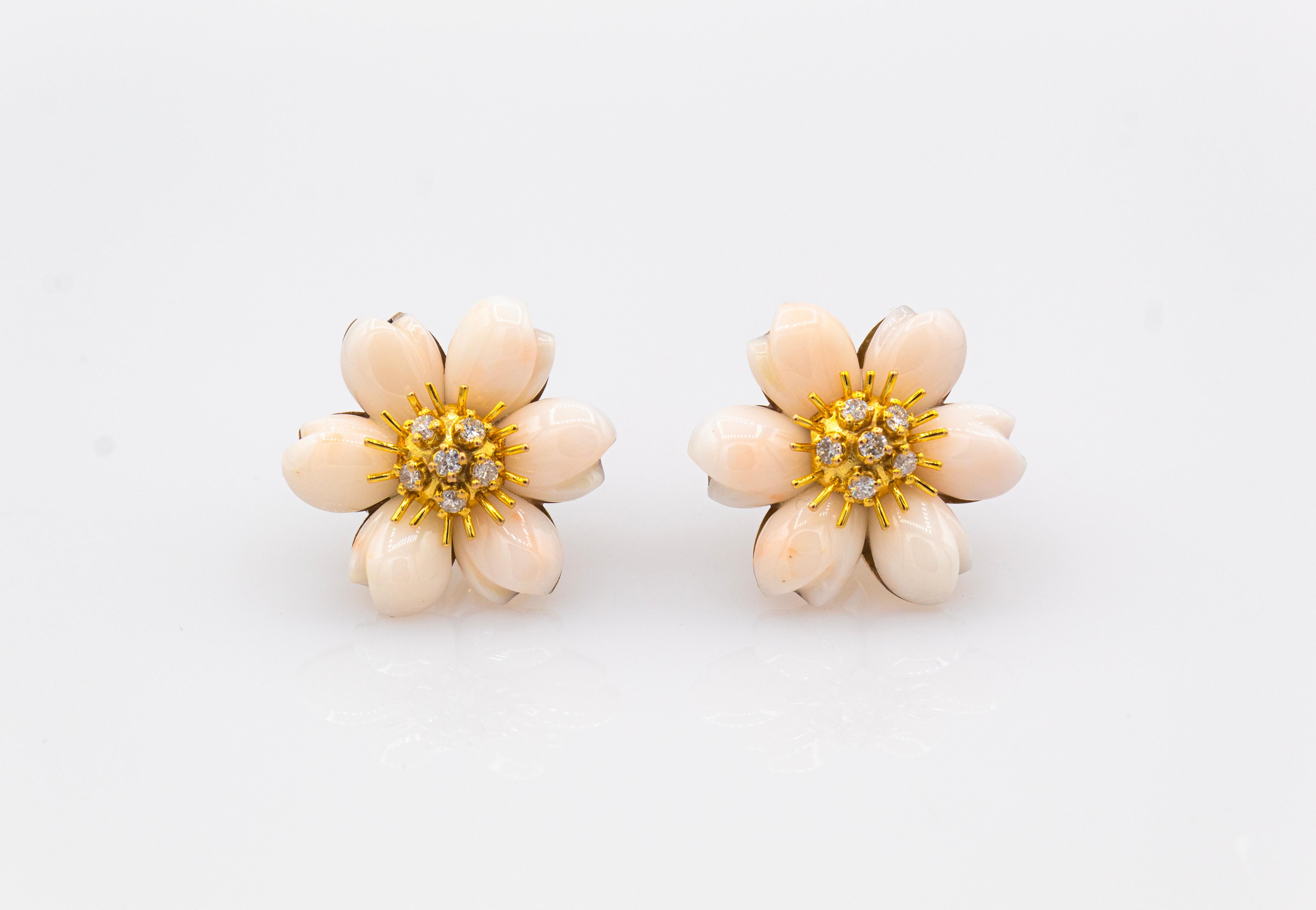 Art Nouveau White Diamond Light Pink Coral Yellow Gold Flowers Clip-On Earrings For Sale 6