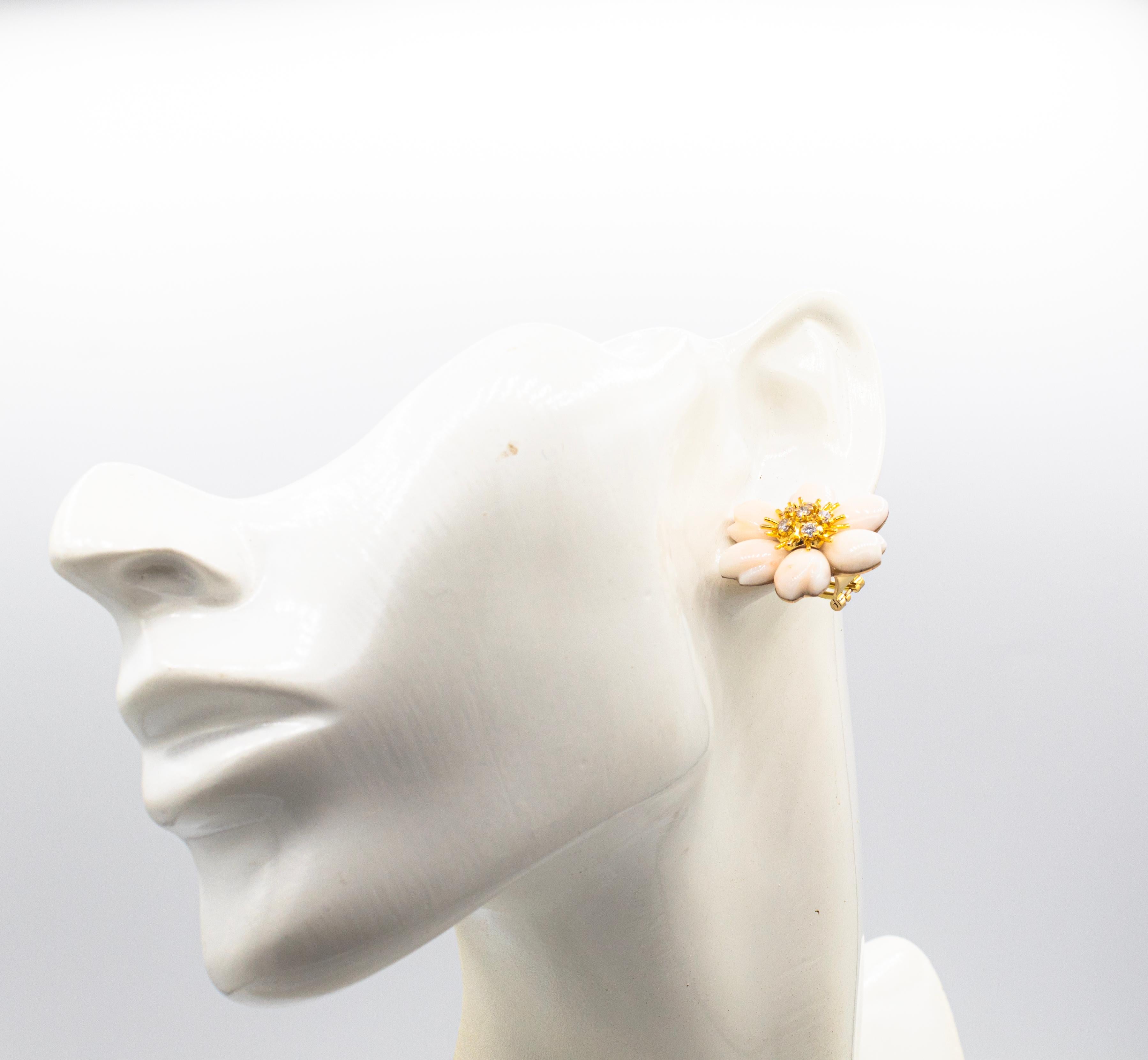 Art Nouveau White Diamond Light Pink Coral Yellow Gold Flowers Clip-On Earrings For Sale 7