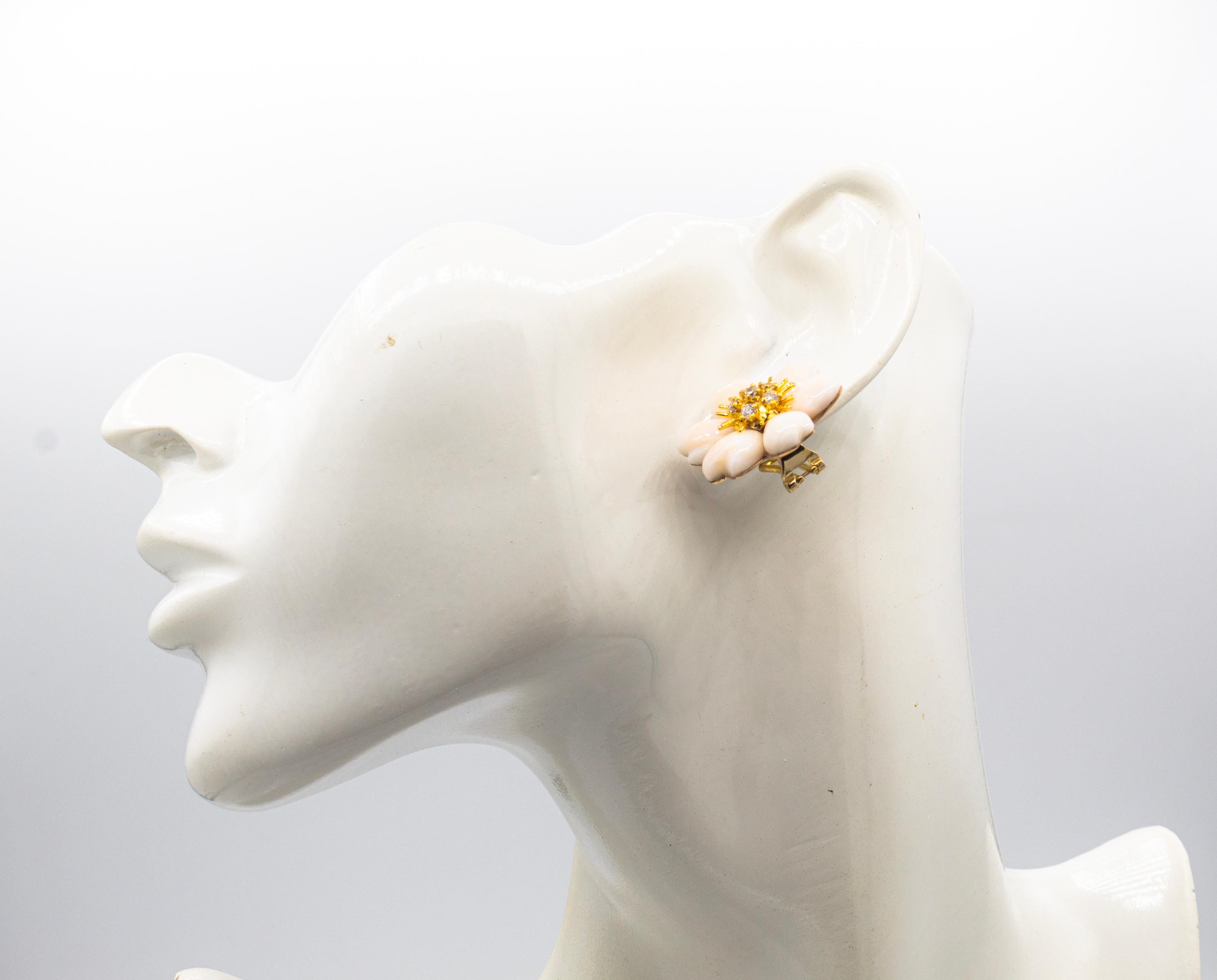 Art Nouveau White Diamond Light Pink Coral Yellow Gold Flowers Clip-On Earrings For Sale 8
