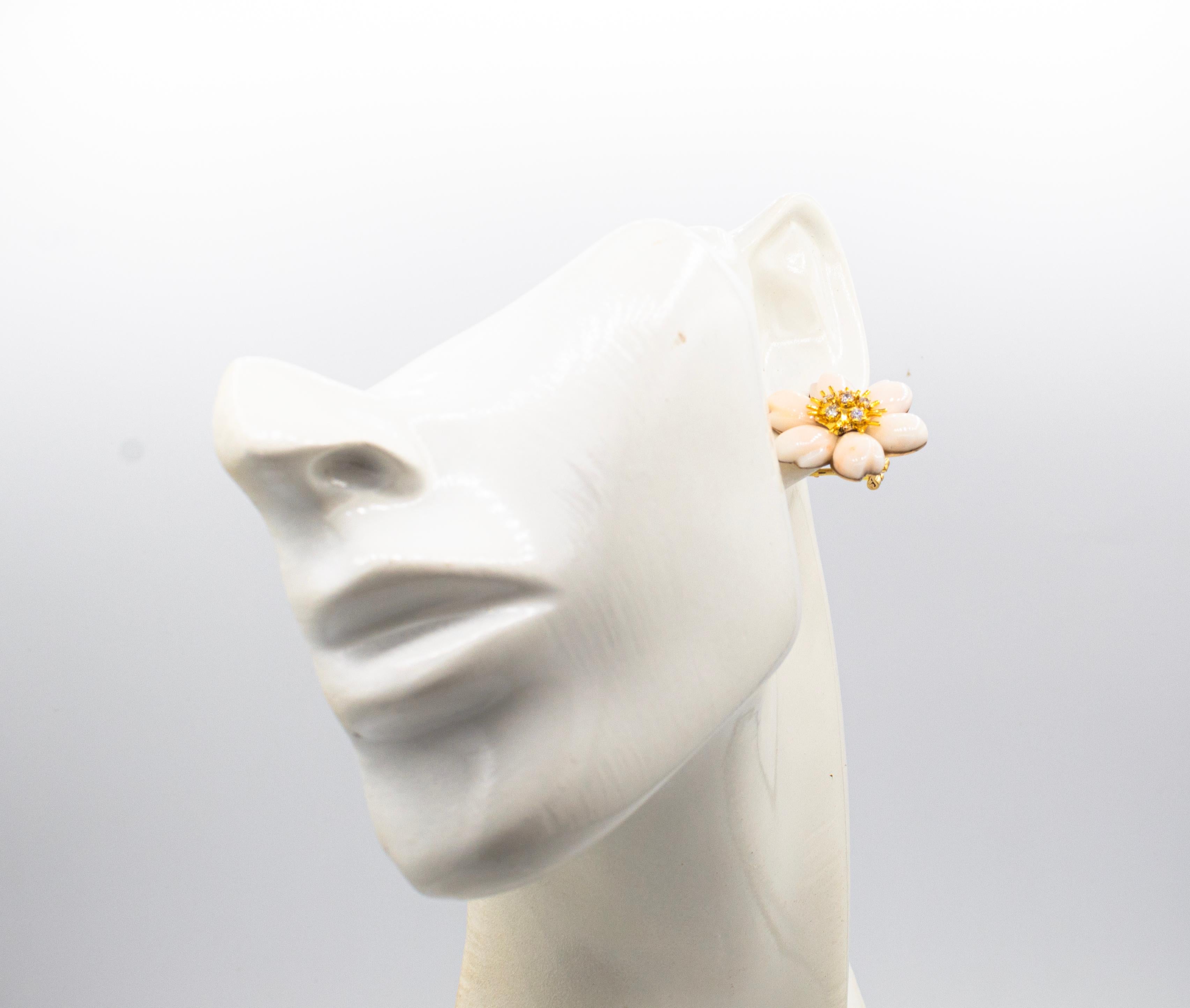 Art Nouveau White Diamond Light Pink Coral Yellow Gold Flowers Clip-On Earrings For Sale 9