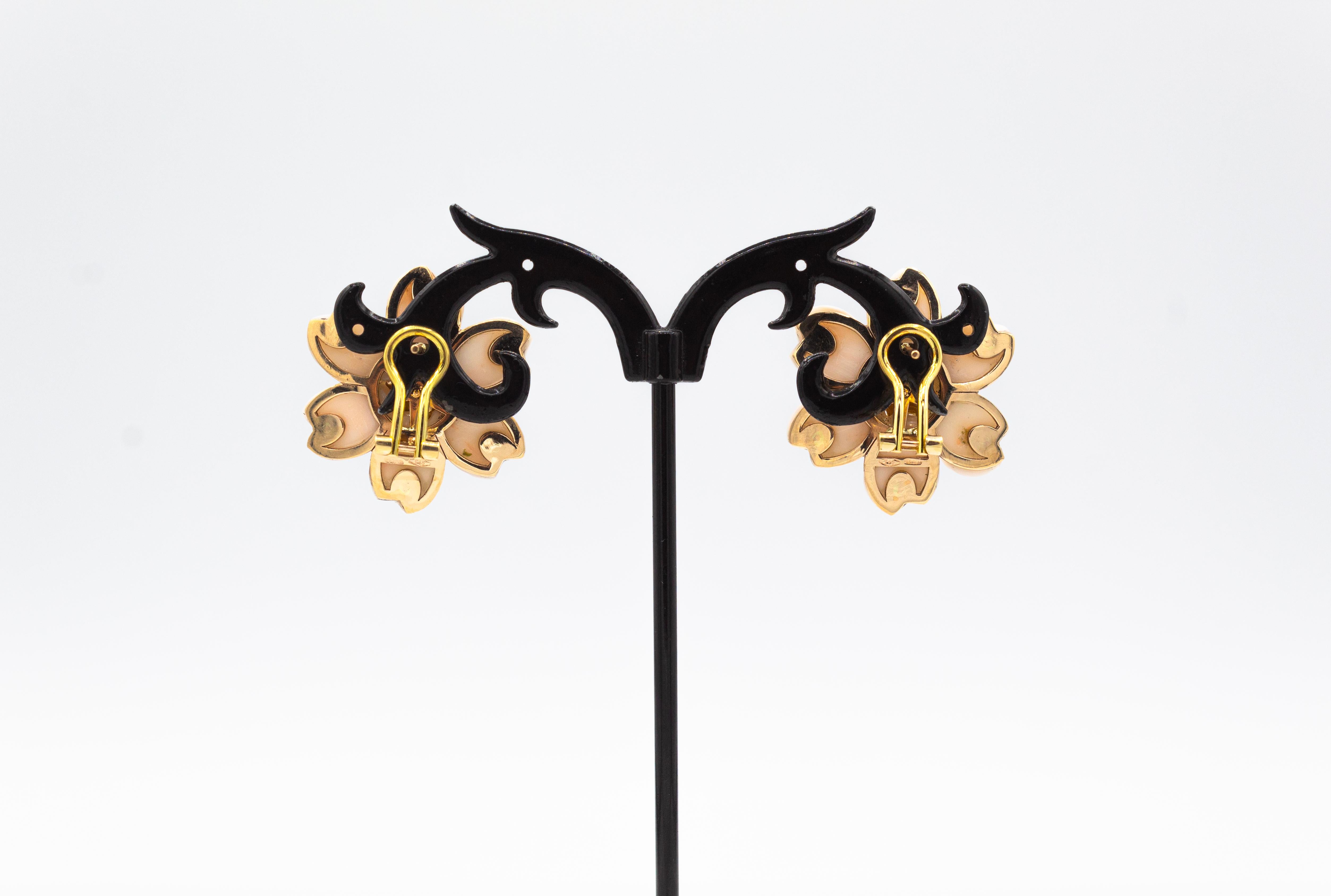 Women's or Men's Art Nouveau White Diamond Light Pink Coral Yellow Gold Flowers Clip-On Earrings For Sale