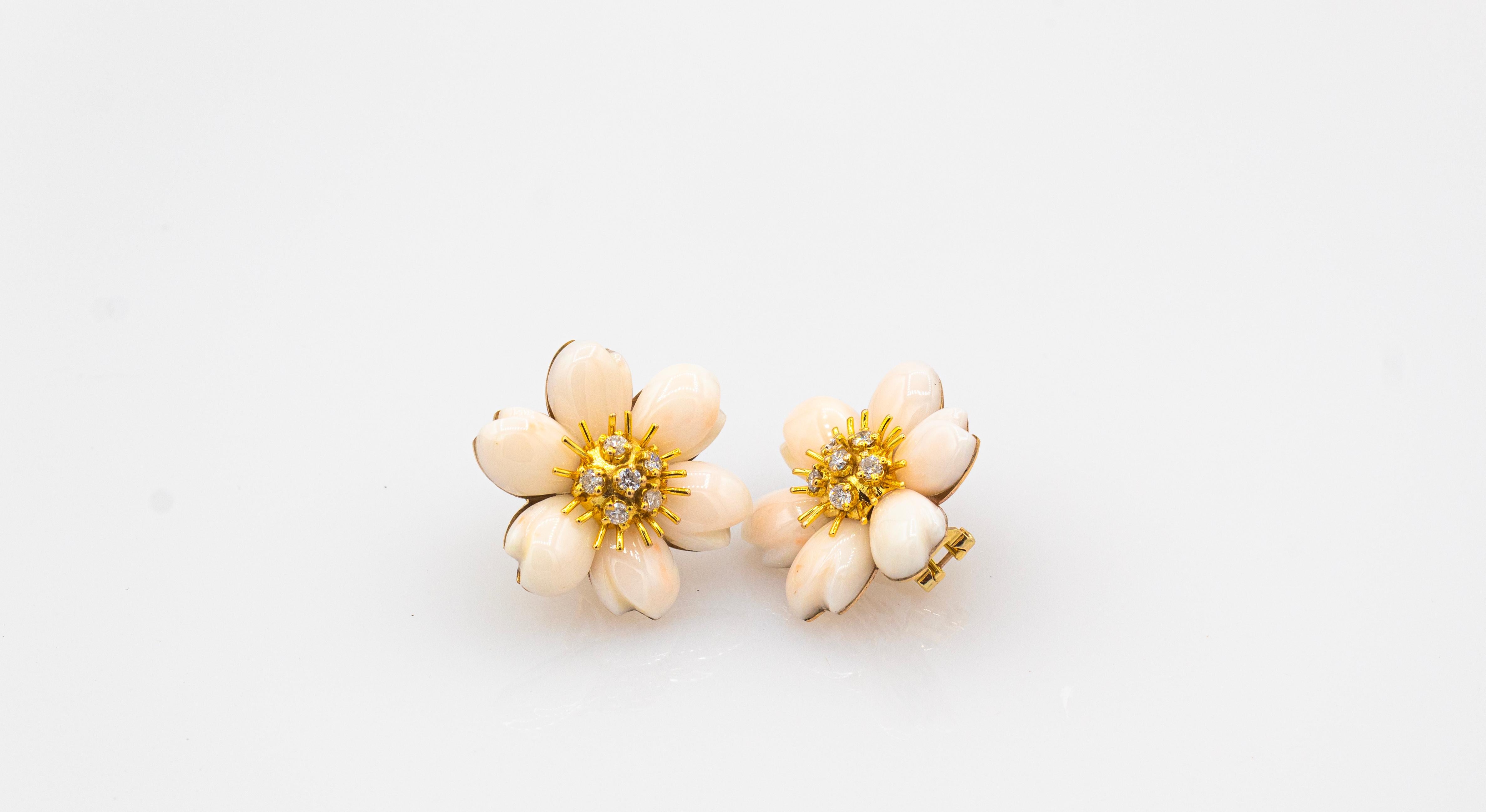 Art Nouveau White Diamond Light Pink Coral Yellow Gold Flowers Clip-On Earrings For Sale 2