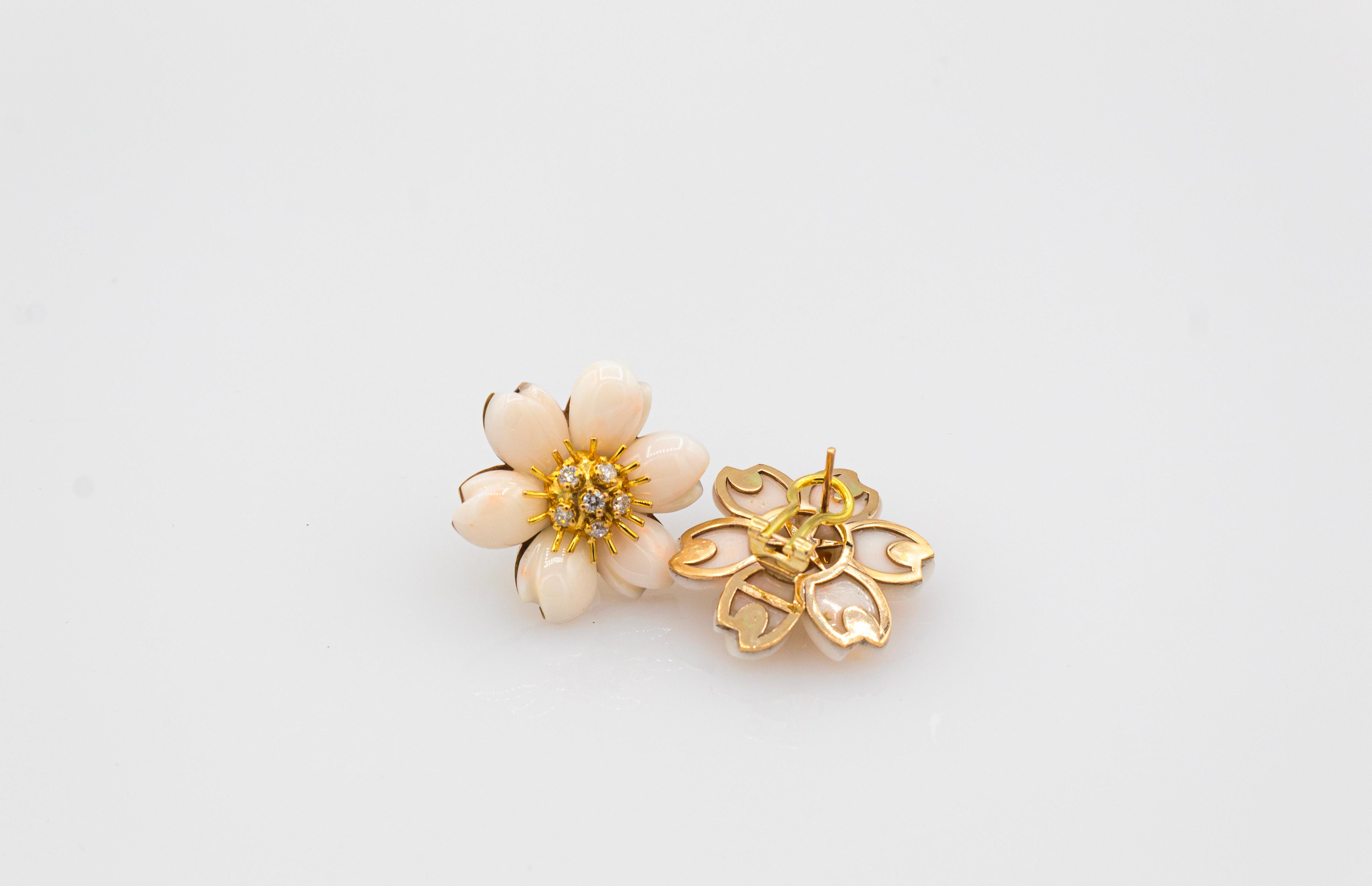 Art Nouveau White Diamond Light Pink Coral Yellow Gold Flowers Clip-On Earrings For Sale 3