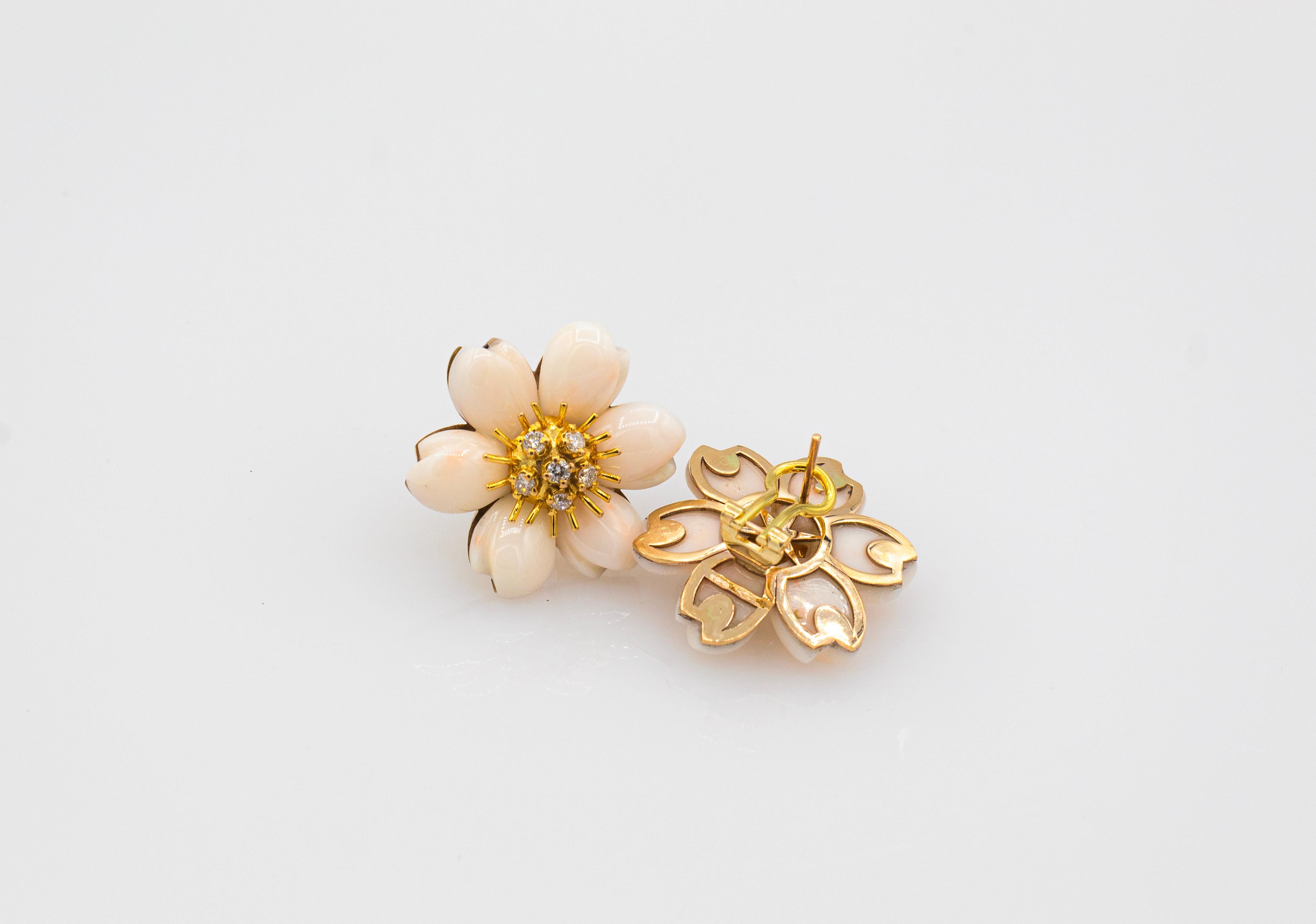 Art Nouveau White Diamond Light Pink Coral Yellow Gold Flowers Clip-On Earrings For Sale 4