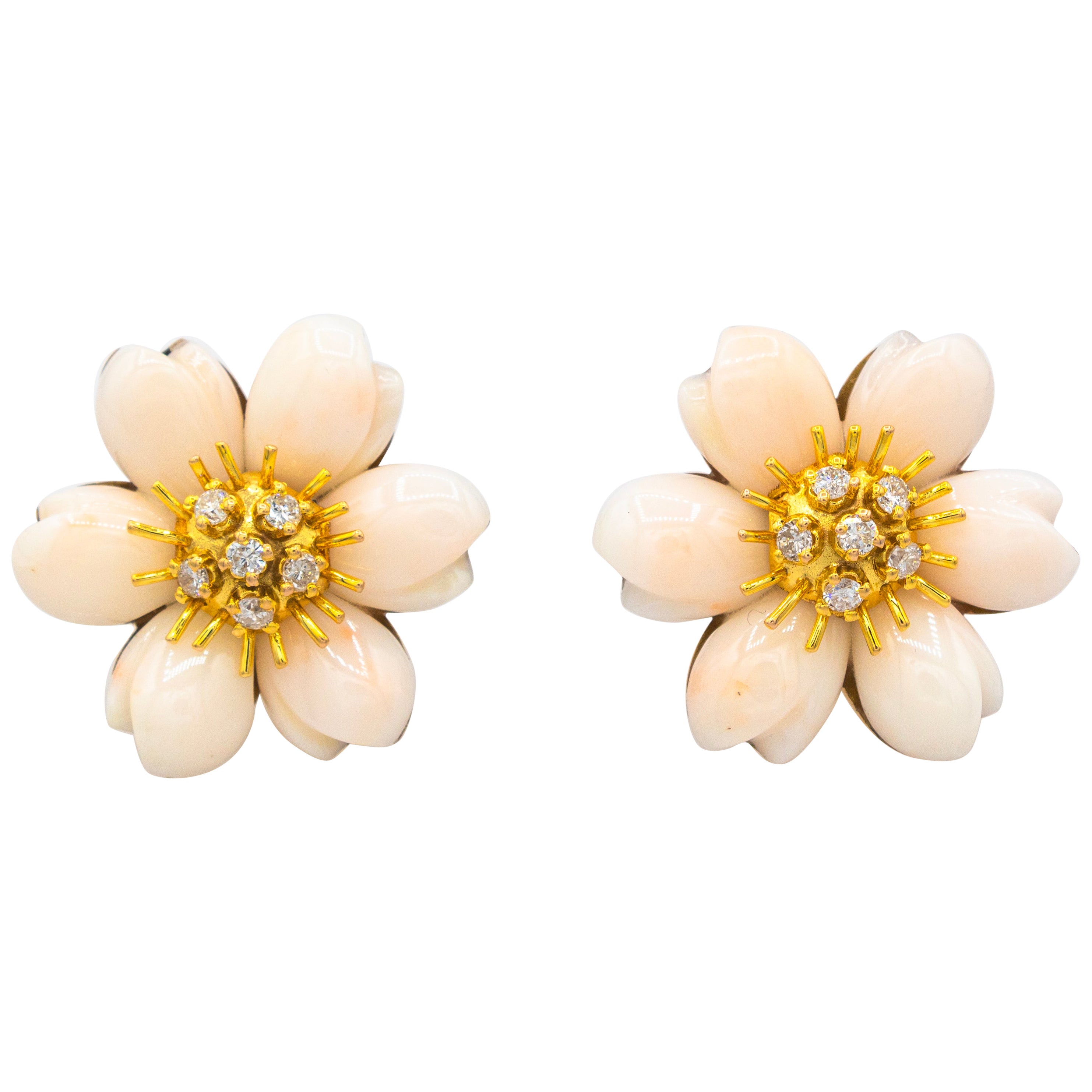 Art Nouveau White Diamond Light Pink Coral Yellow Gold Flowers Clip-On Earrings