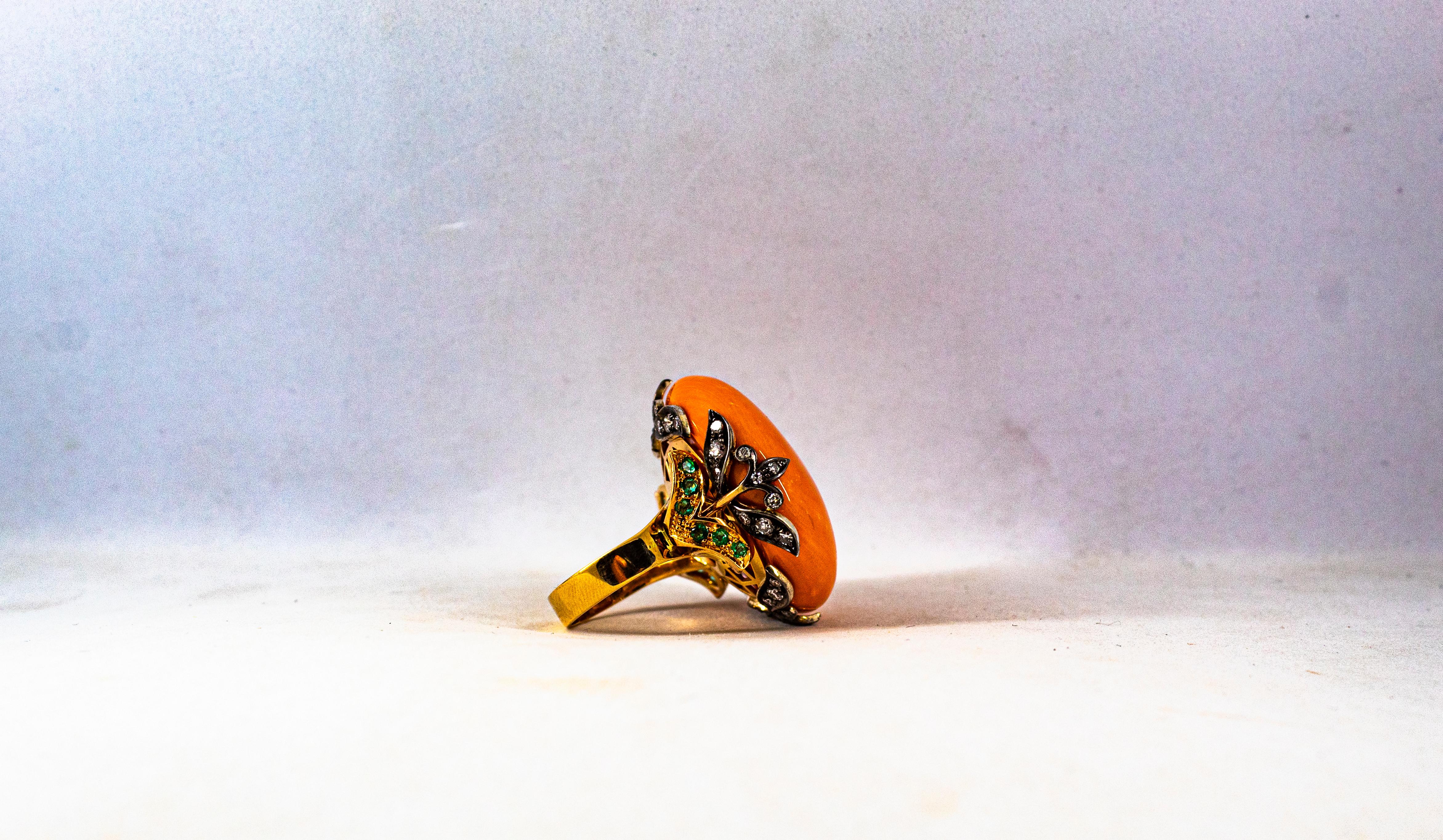 Art Nouveau White Diamond Mediterranean Coral Emerald Yellow Gold Cocktail Ring 5