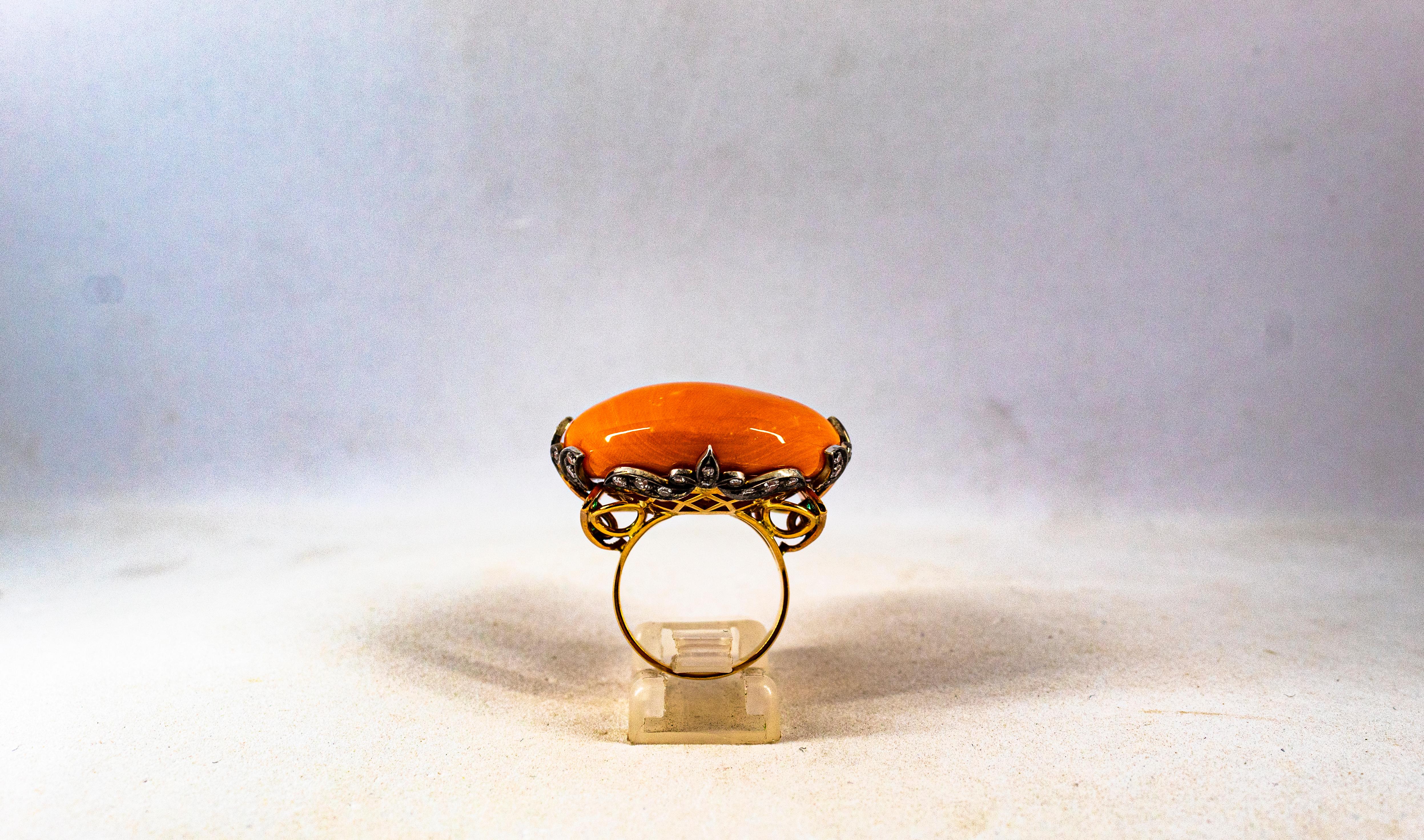 Art Nouveau White Diamond Mediterranean Coral Emerald Yellow Gold Cocktail Ring In New Condition In Naples, IT