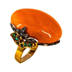 Art Nouveau White Diamond Mediterranean Coral Emerald Yellow Gold Cocktail Ring