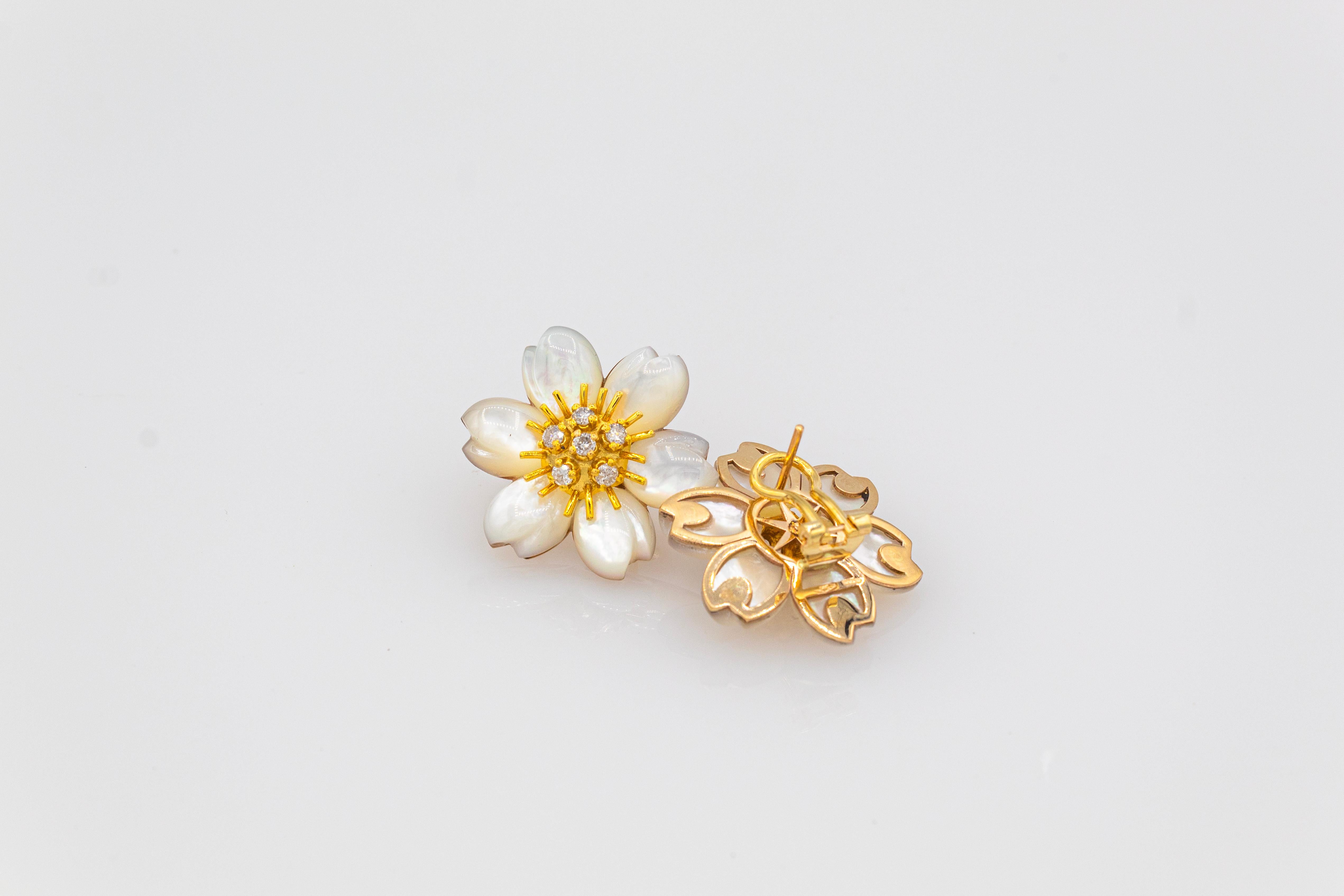 Art Nouveau White Diamond Mother Of Pearl Yellow Gold Flowers Clip-On Earrings 5