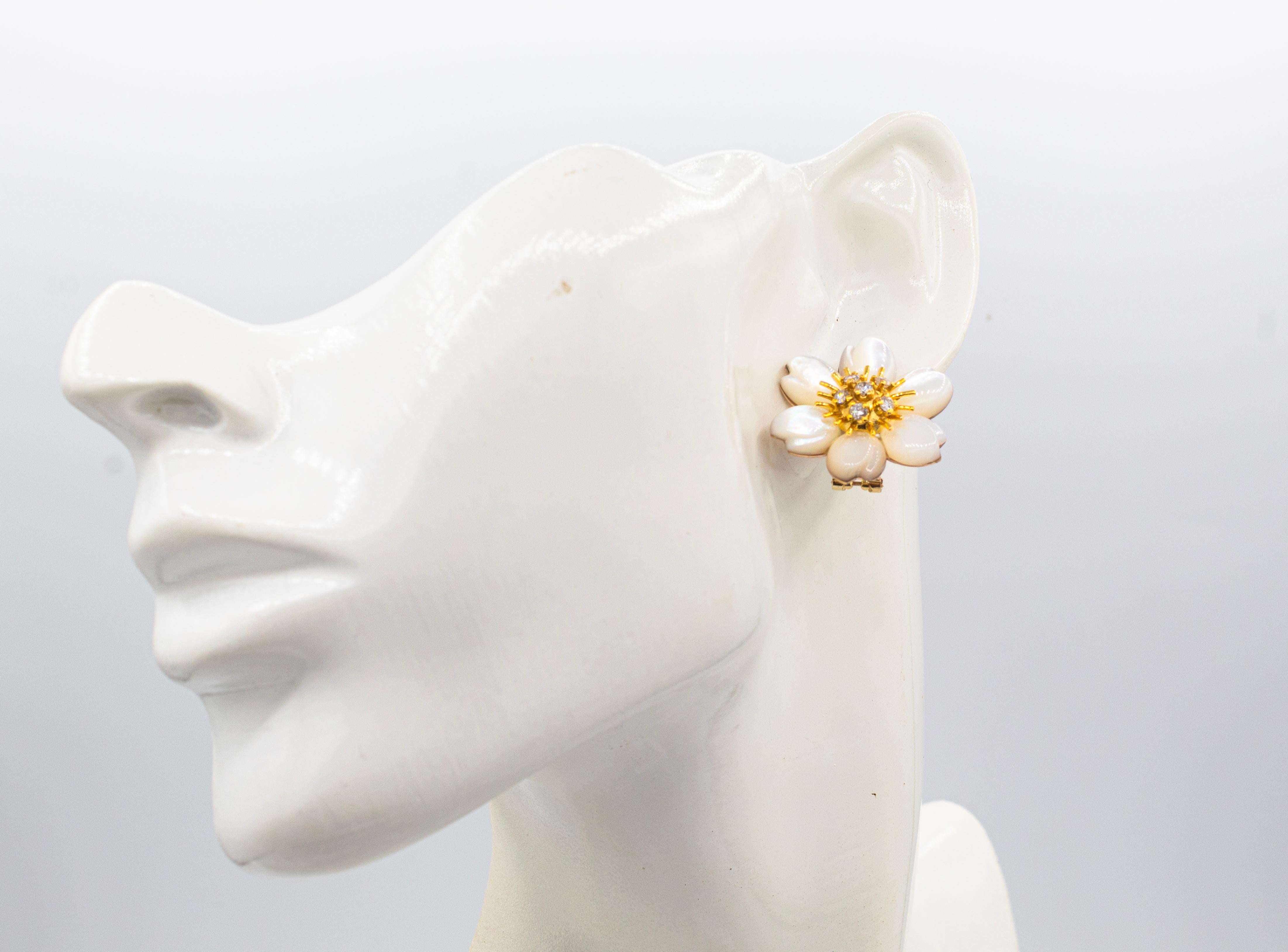 Art Nouveau White Diamond Mother Of Pearl Yellow Gold Flowers Clip-On Earrings 6