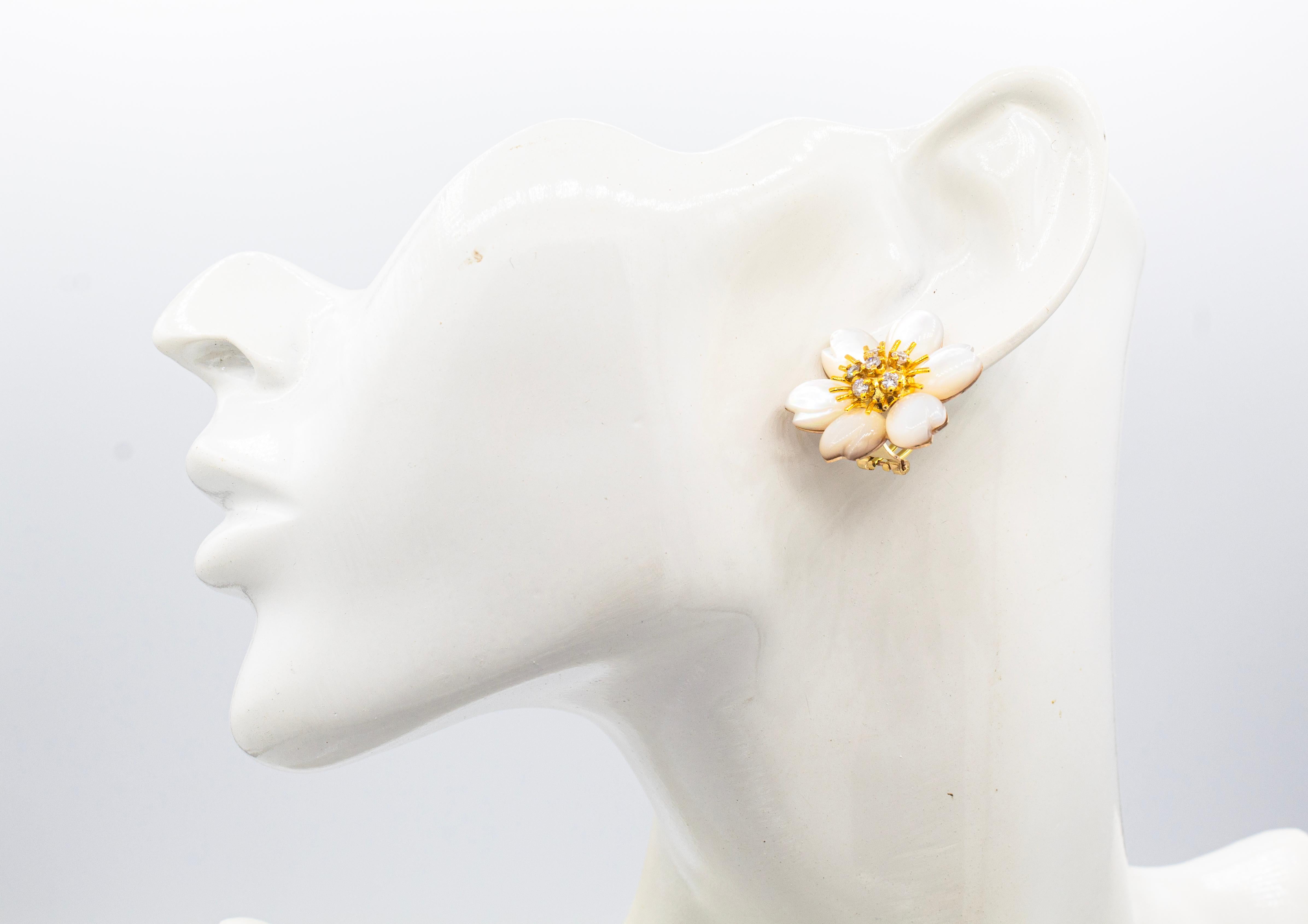 Art Nouveau White Diamond Mother Of Pearl Yellow Gold Flowers Clip-On Earrings 7