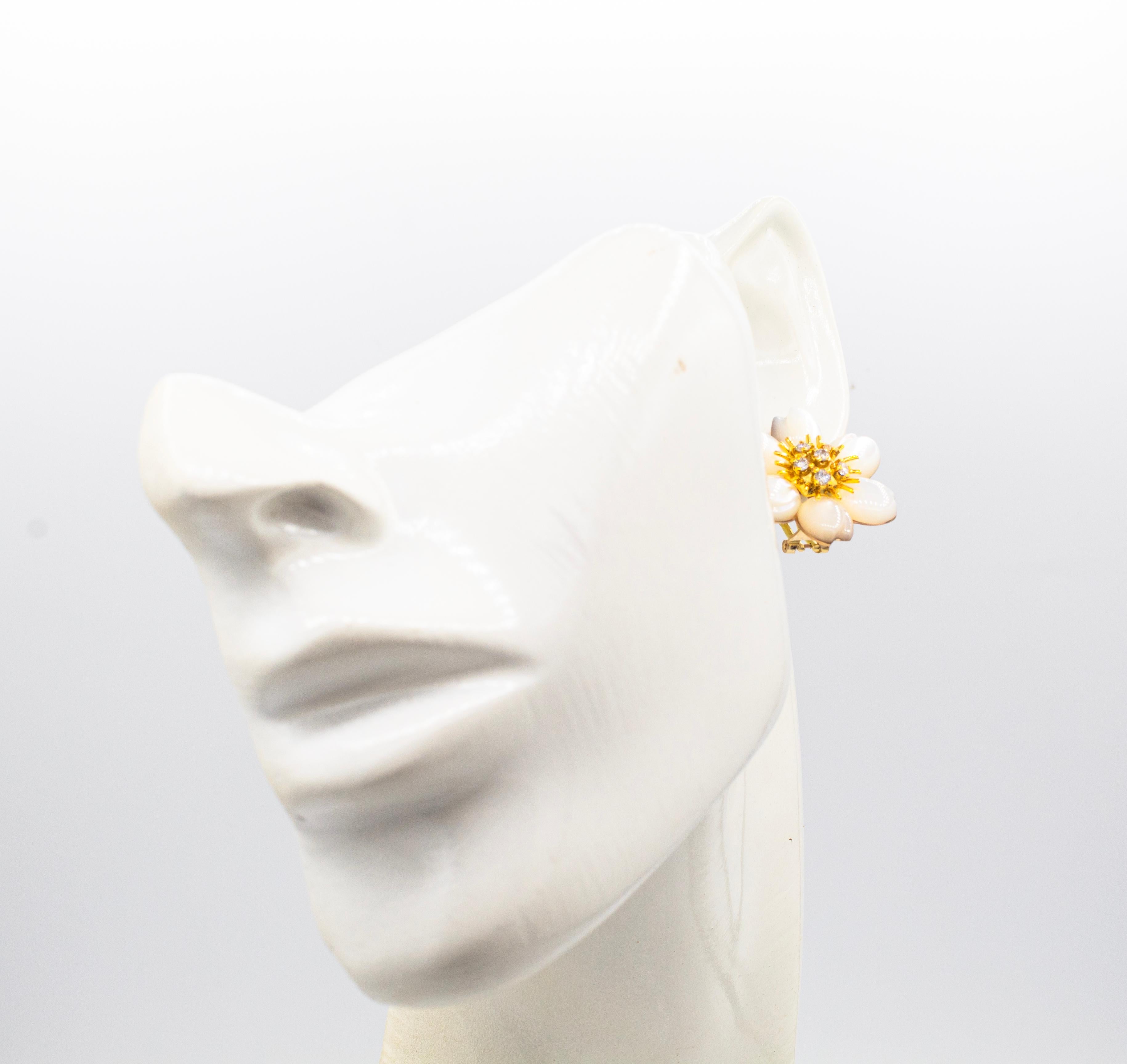 Art Nouveau White Diamond Mother Of Pearl Yellow Gold Flowers Clip-On Earrings For Sale 8