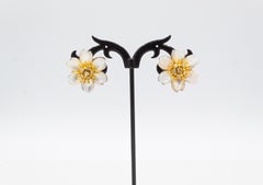 Art Nouveau White Diamond Mother Of Pearl Yellow Gold Flowers Clip-On Earrings